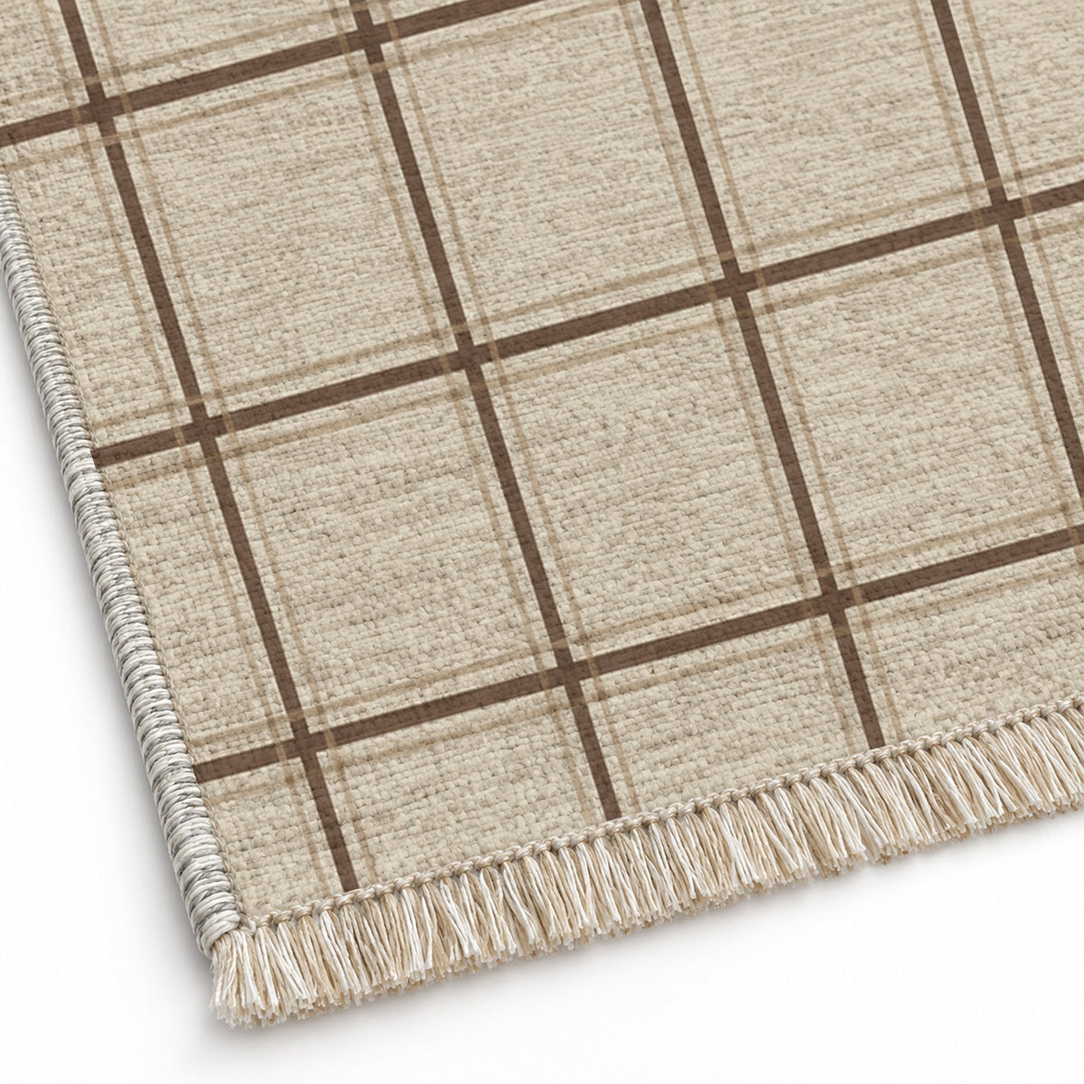 Window Check Ivory & Cocoa washable rug close-up of the printed chenille