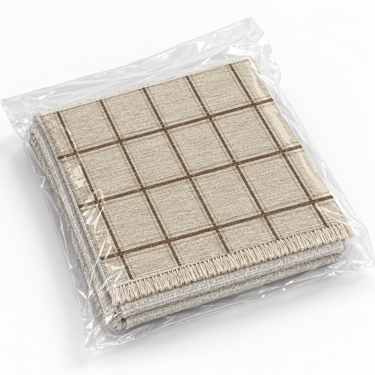 Window Check Ivory & Cocoa washable rug rolled and packaged