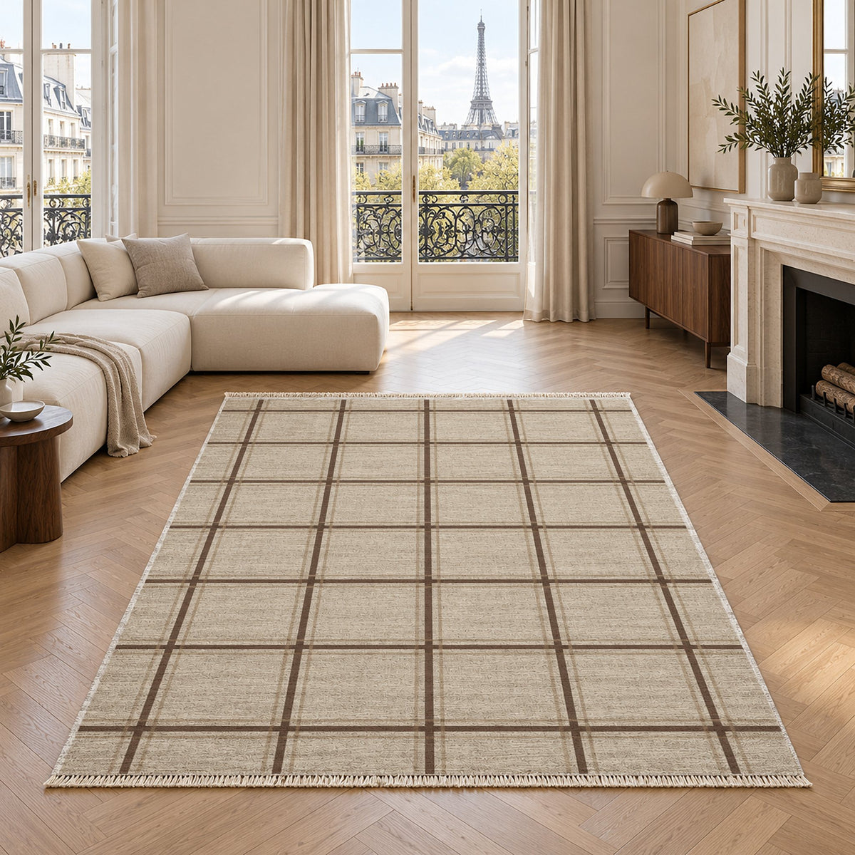 Window Check Ivory & Cocoa washable rug in a living room with an Eiffel Tower view