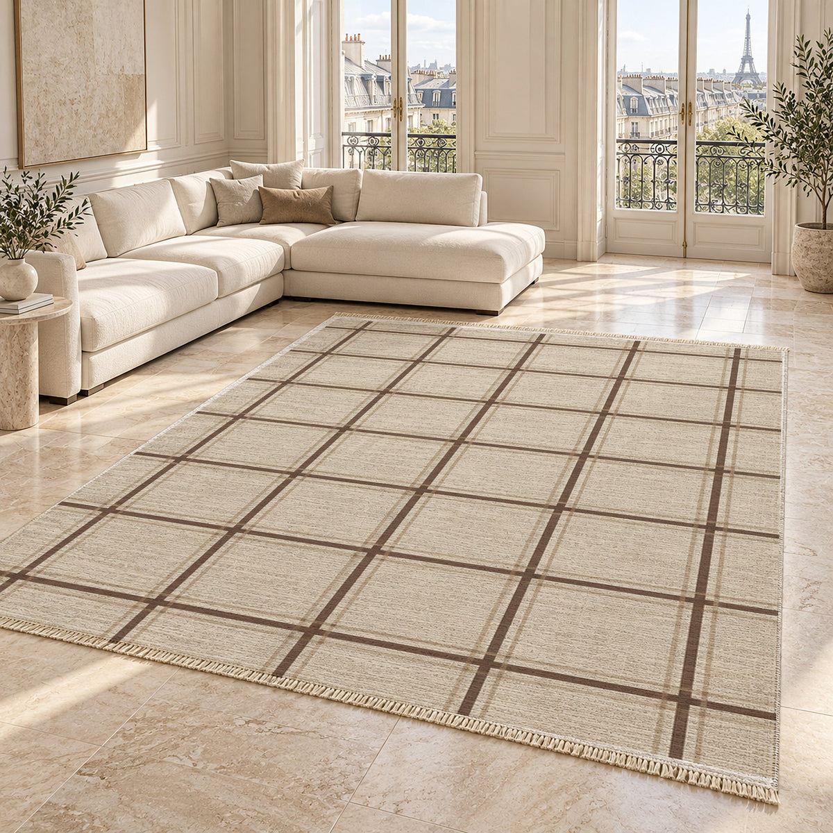 Window Check Ivory & Cocoa washable rug angled room view on marble