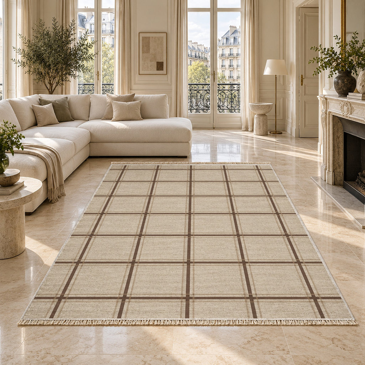 Window Check Ivory & Cocoa washable rug on a marble floor