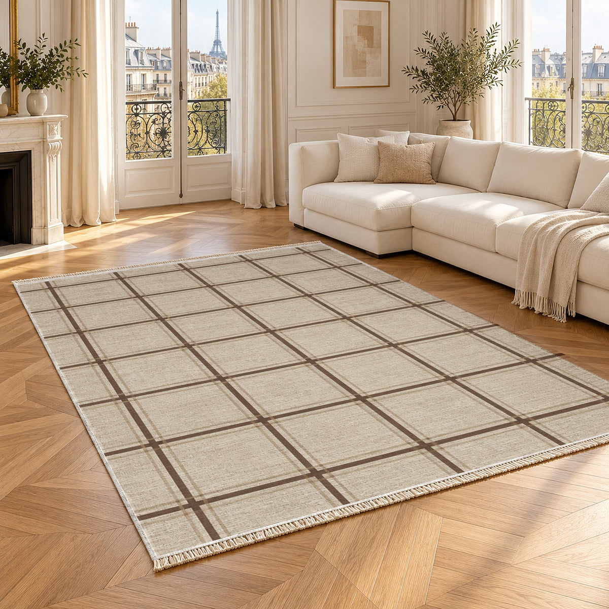 Window Check Ivory & Cocoa washable rug angled room view