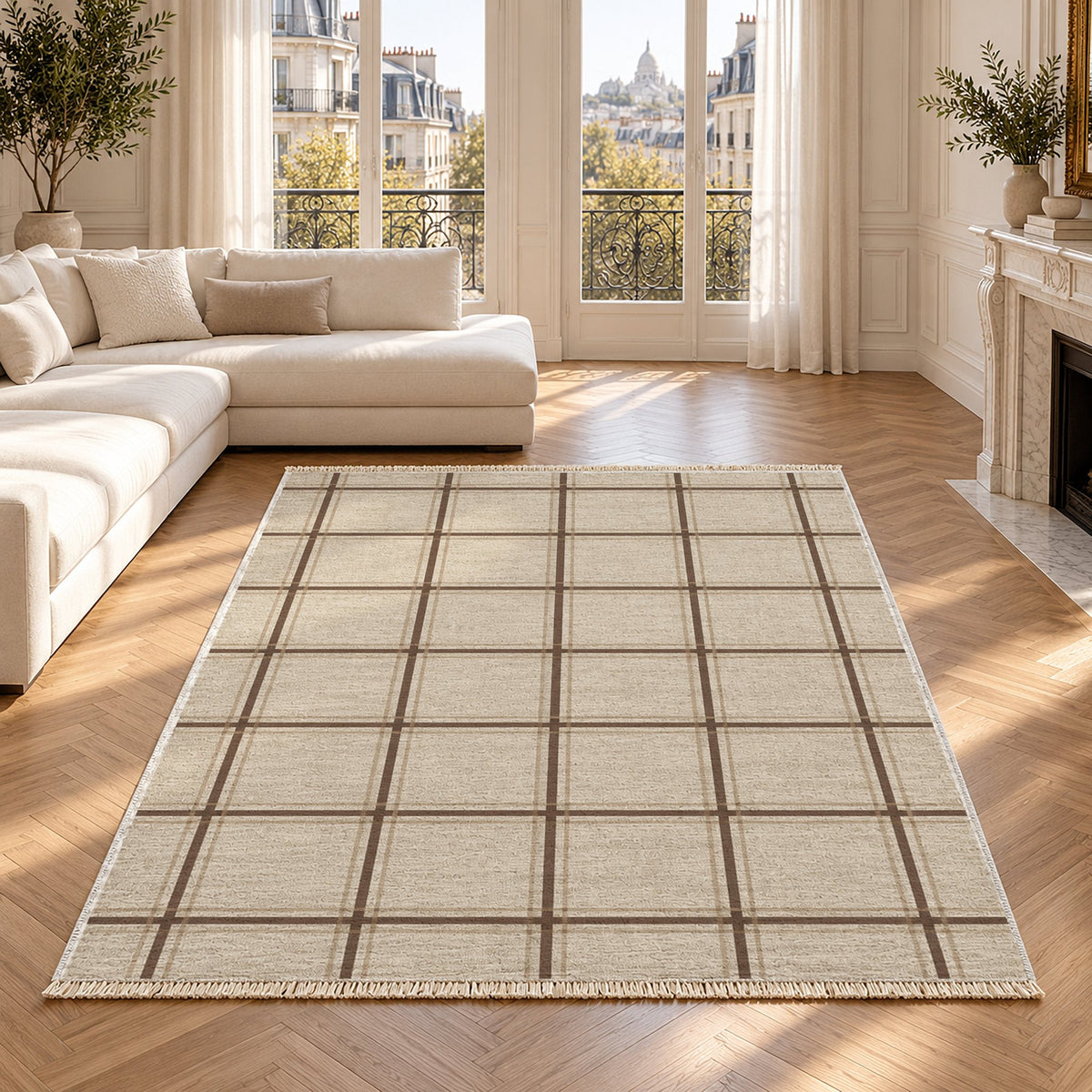 Window Check Ivory & Cocoa washable rug in a Paris living room