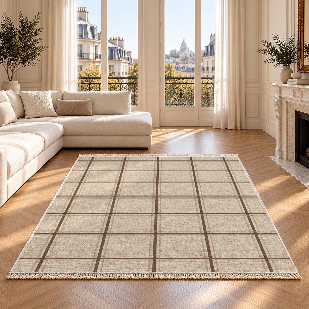 Window Check Ivory & Cocoa washable rug on an oak floor