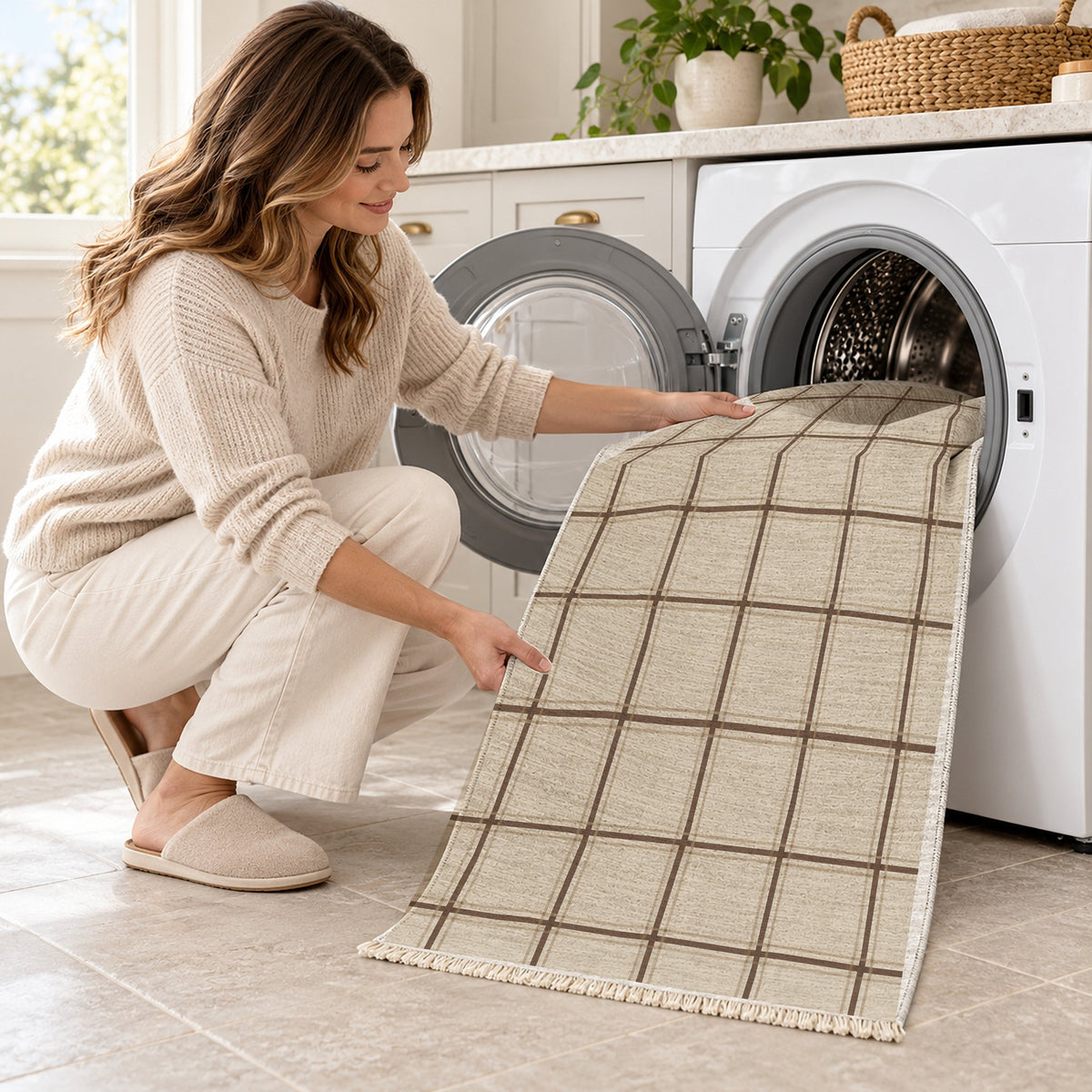 Window Check Ivory & Cocoa washable rug being loaded into a washing machine