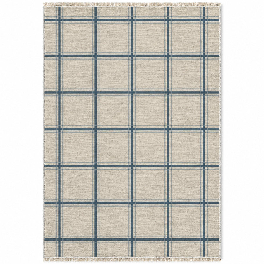 Window Check Ivory & Dusty Blue Washable Rug