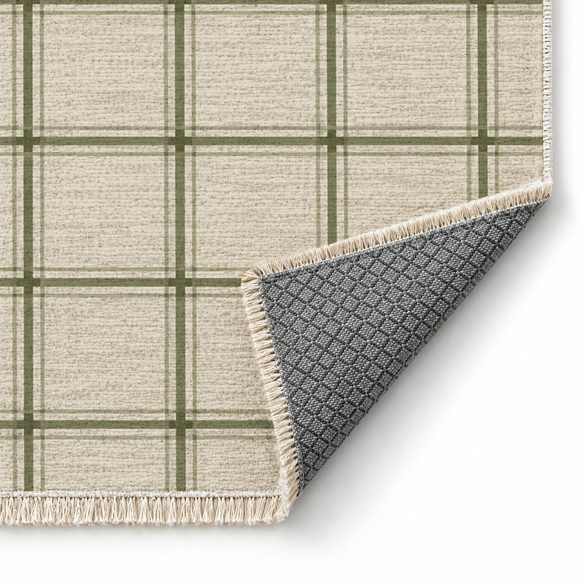 Window Check Ivory & Sage washable rug folded corner showing the backing