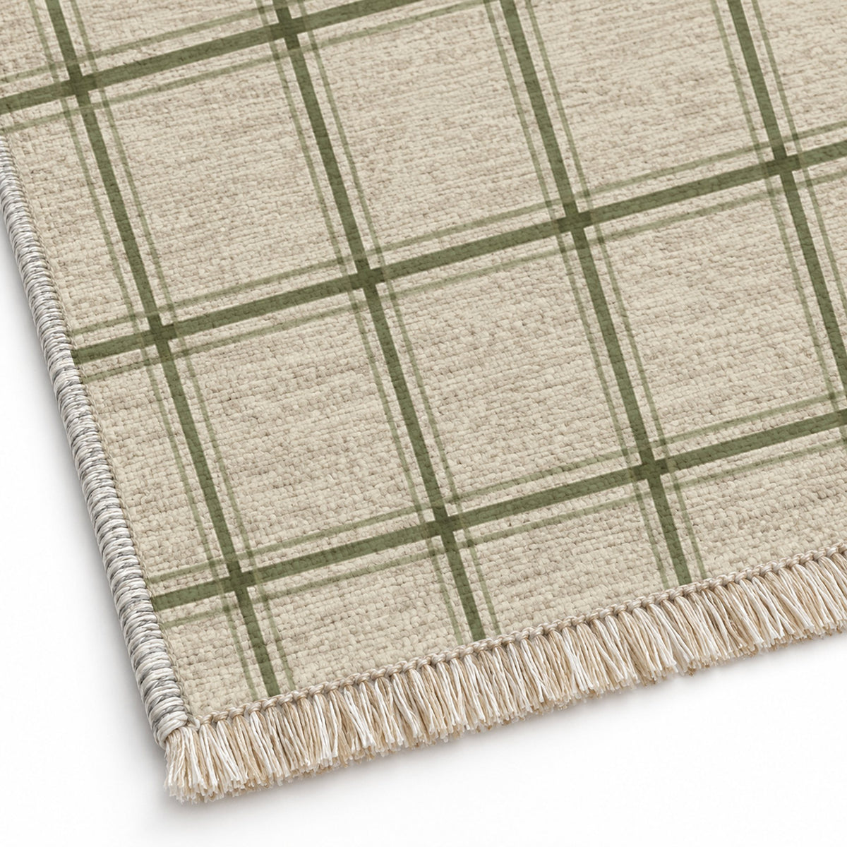 Window Check Ivory & Sage washable rug close-up of the printed chenille