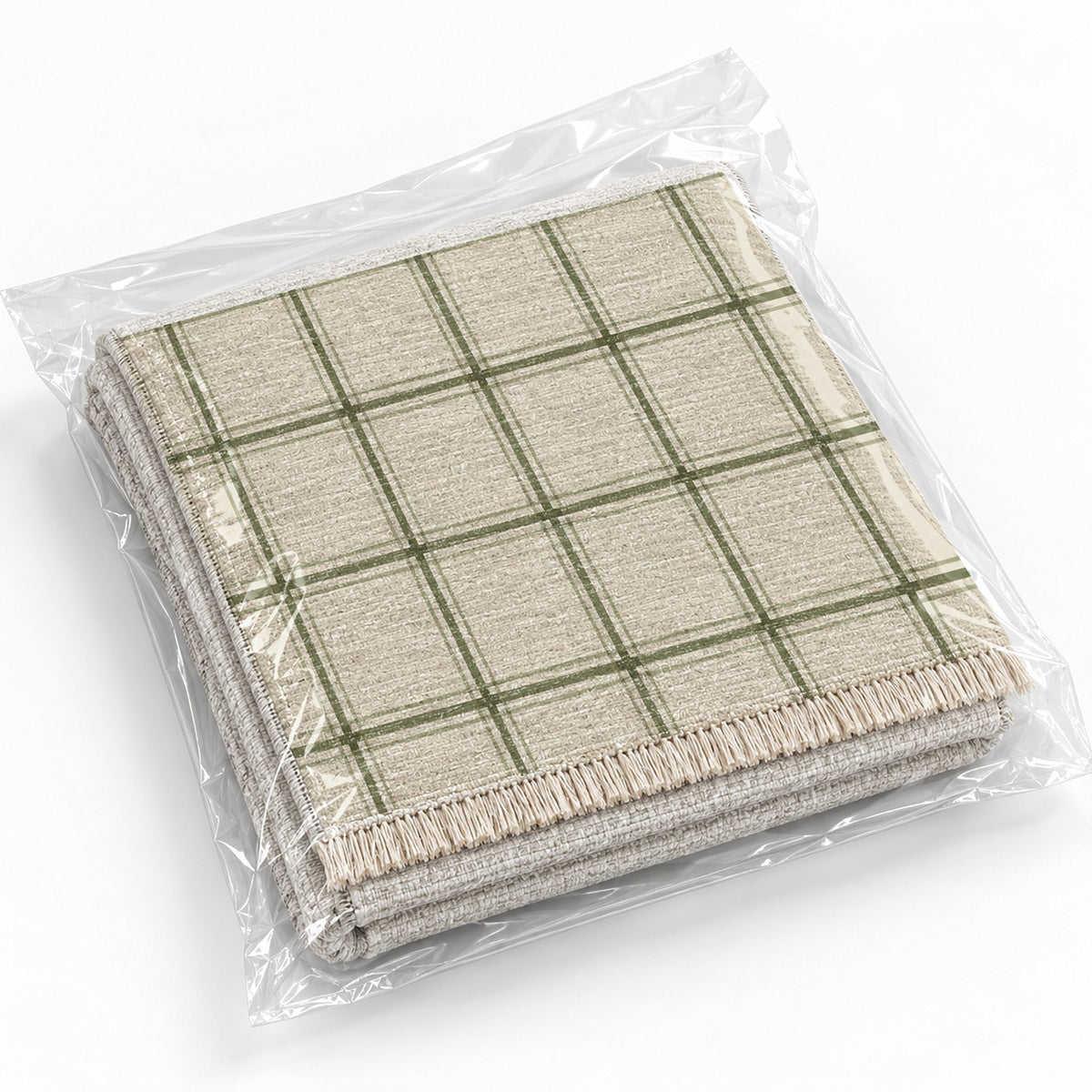 Window Check Ivory & Sage washable rug rolled and packaged