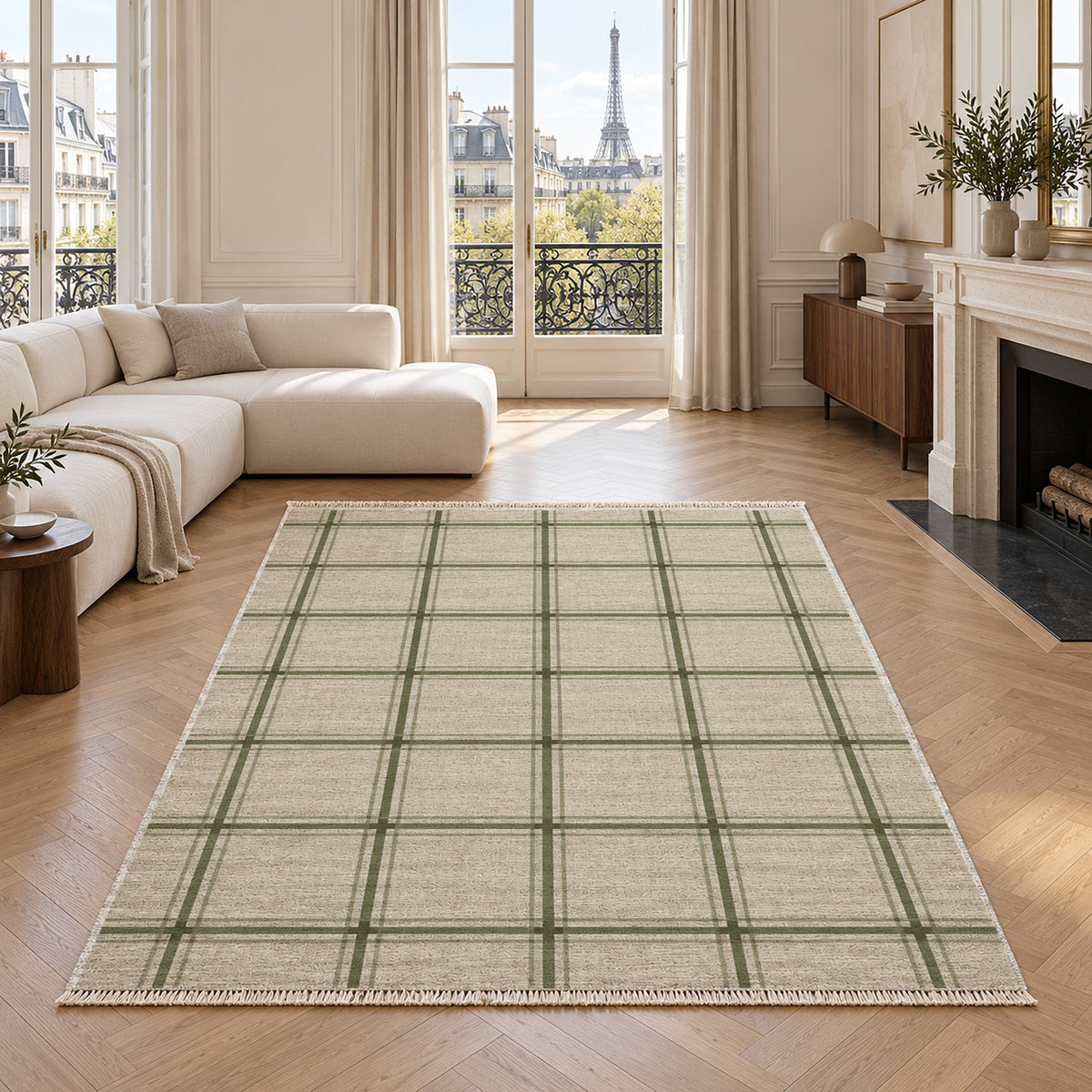 Window Check Ivory & Sage washable rug in a living room with an Eiffel Tower view