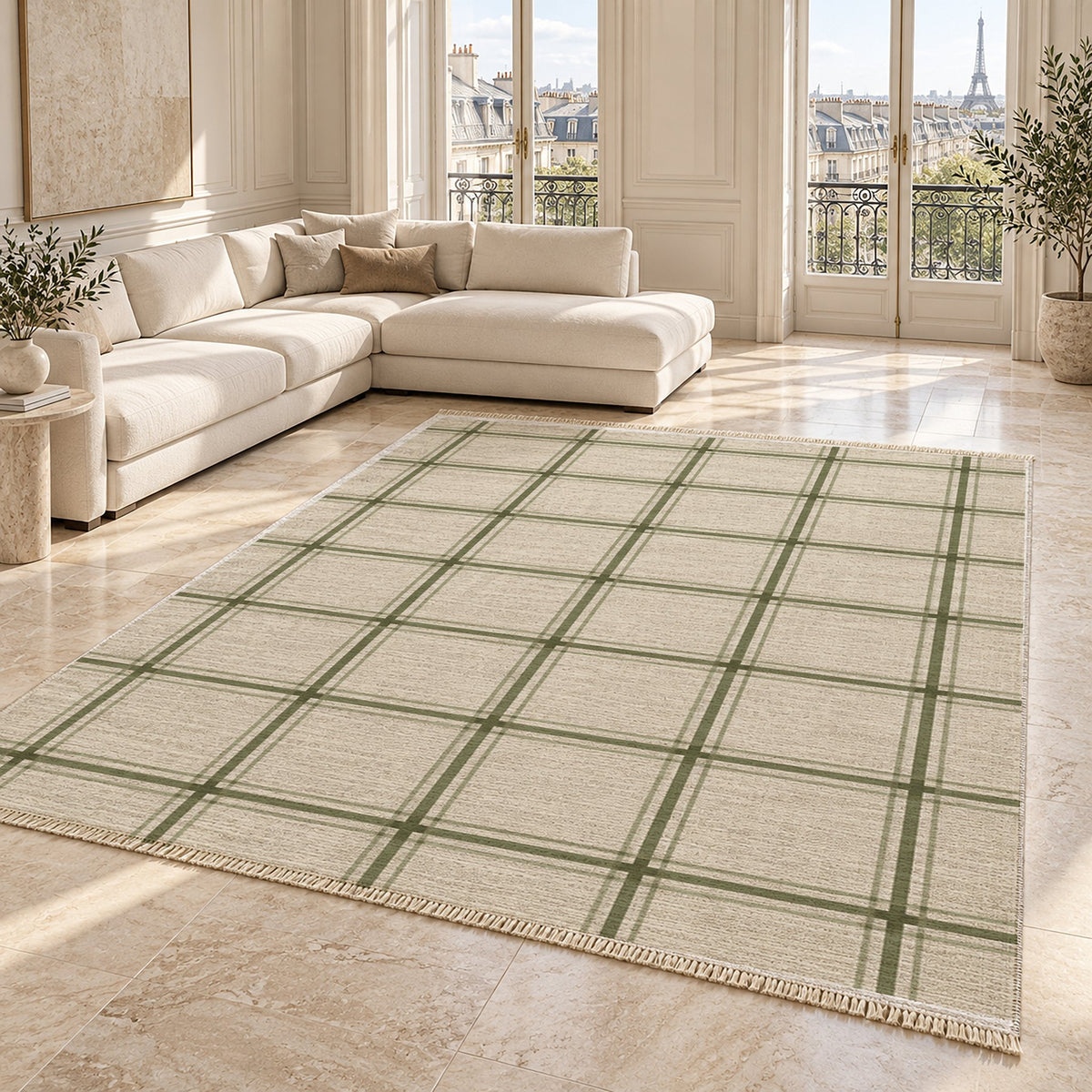 Window Check Ivory & Sage washable rug angled room view on marble
