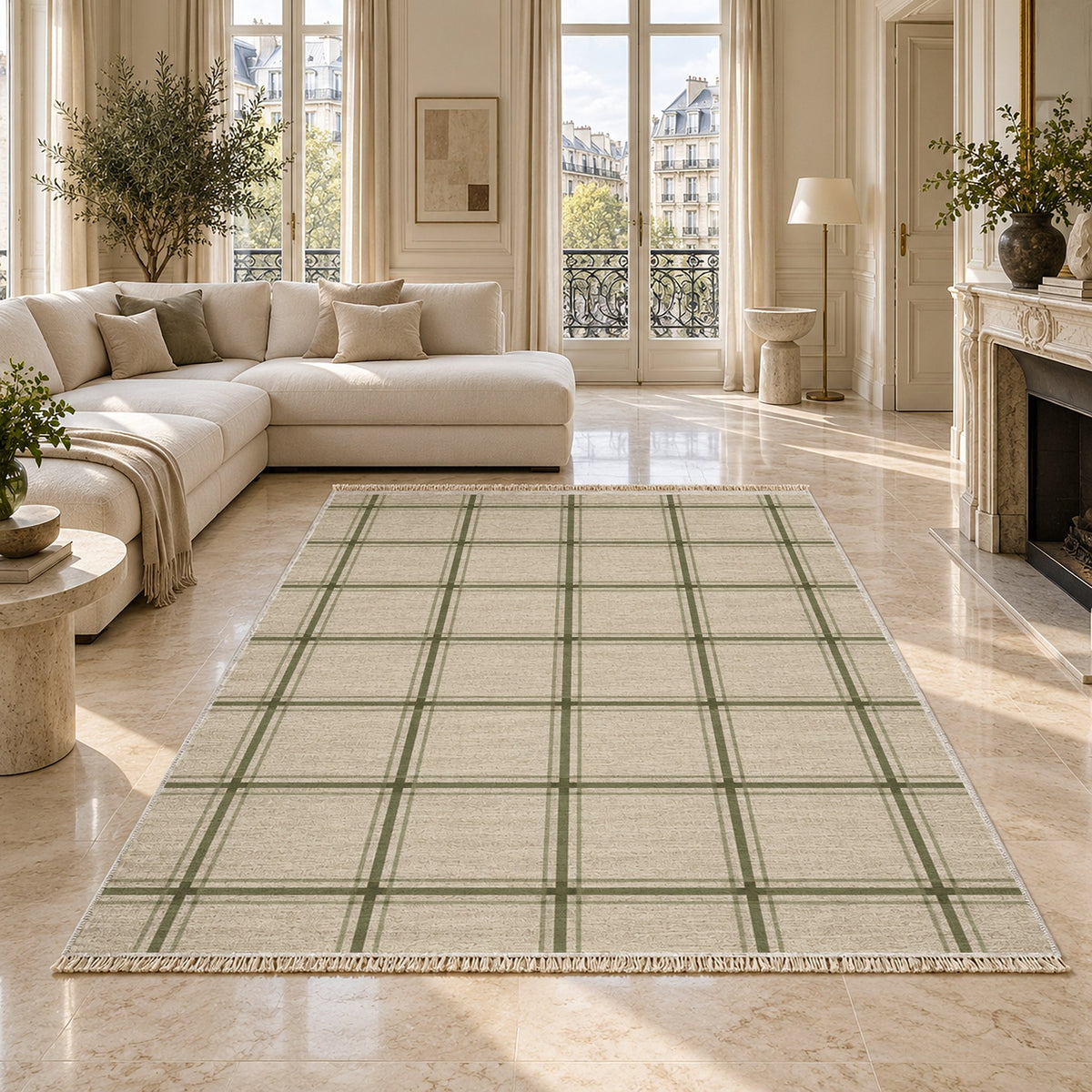 Window Check Ivory & Sage washable rug on a marble floor