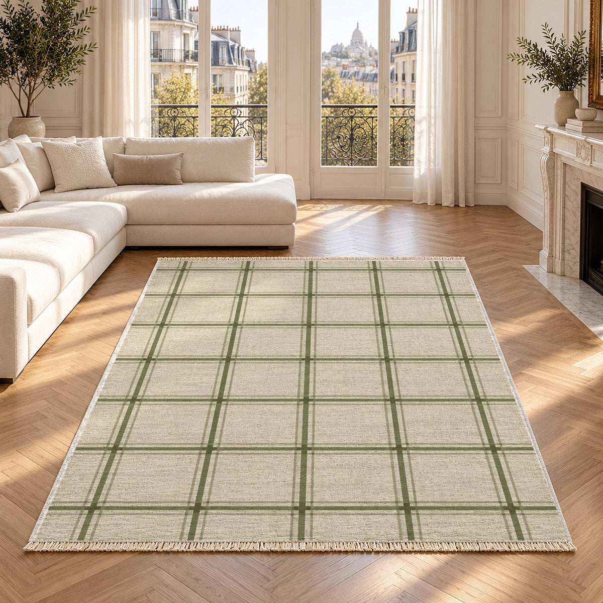 Window Check Ivory & Sage washable rug in a Paris living room