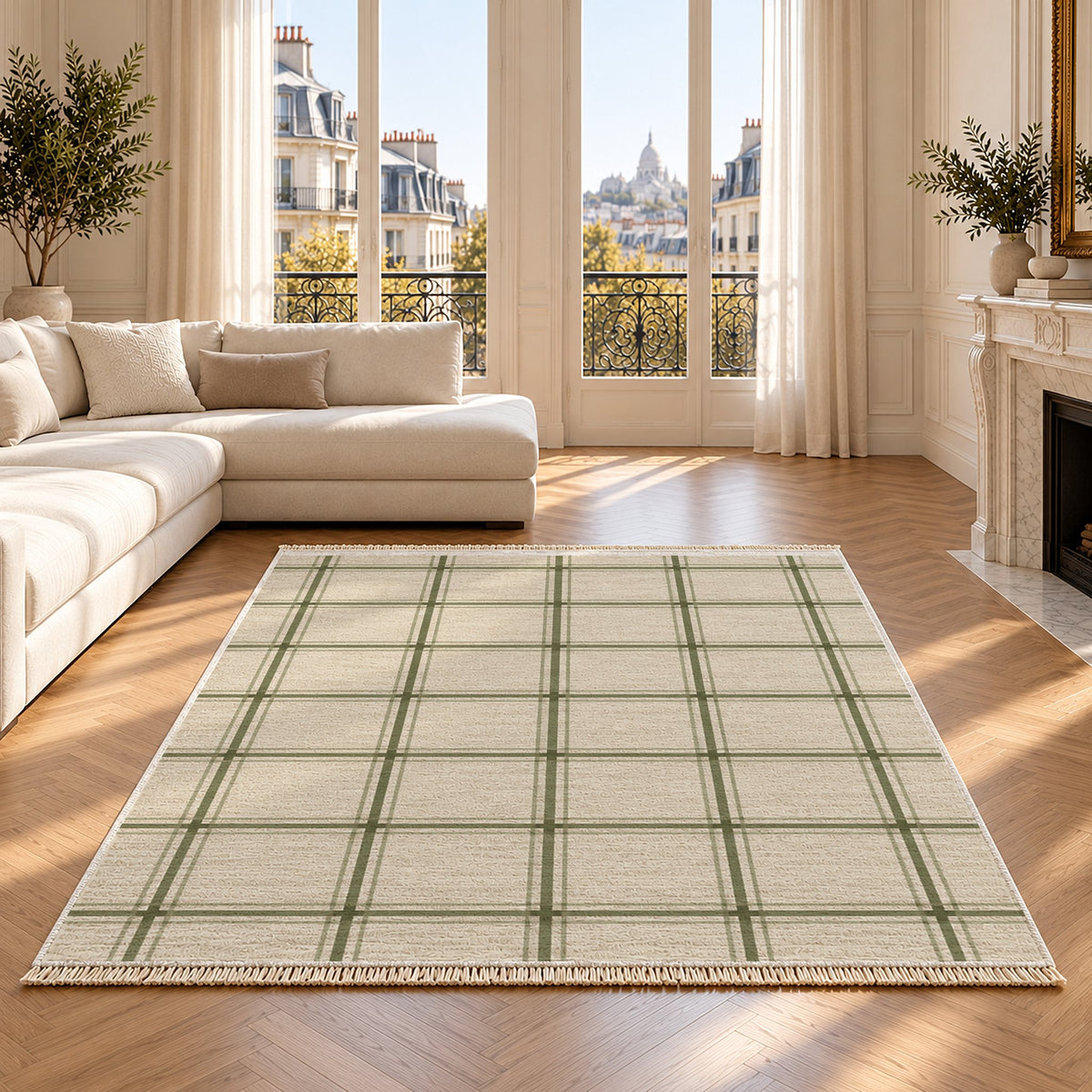 Window Check Ivory & Sage washable rug on an oak floor