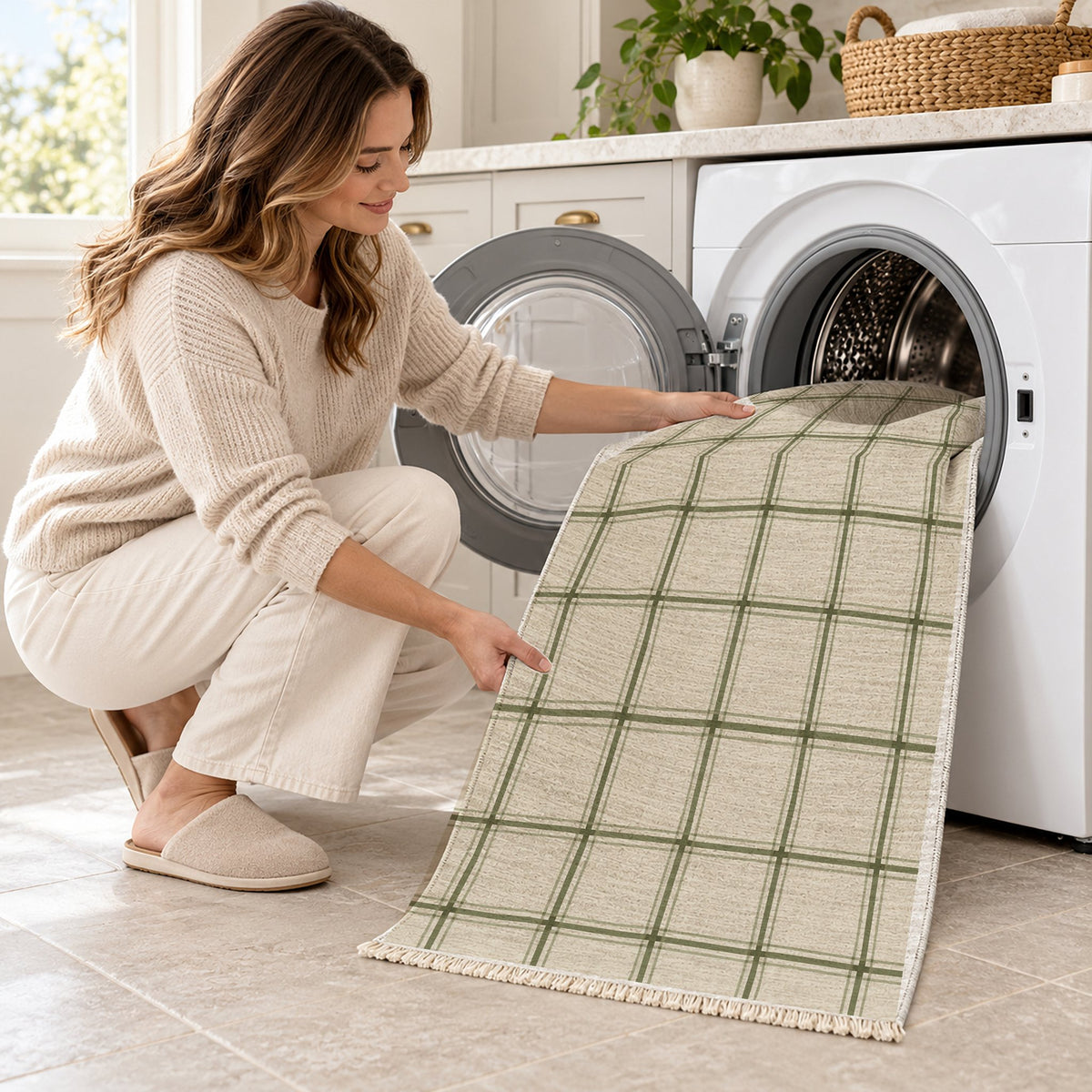 Window Check Ivory & Sage washable rug being loaded into a washing machine