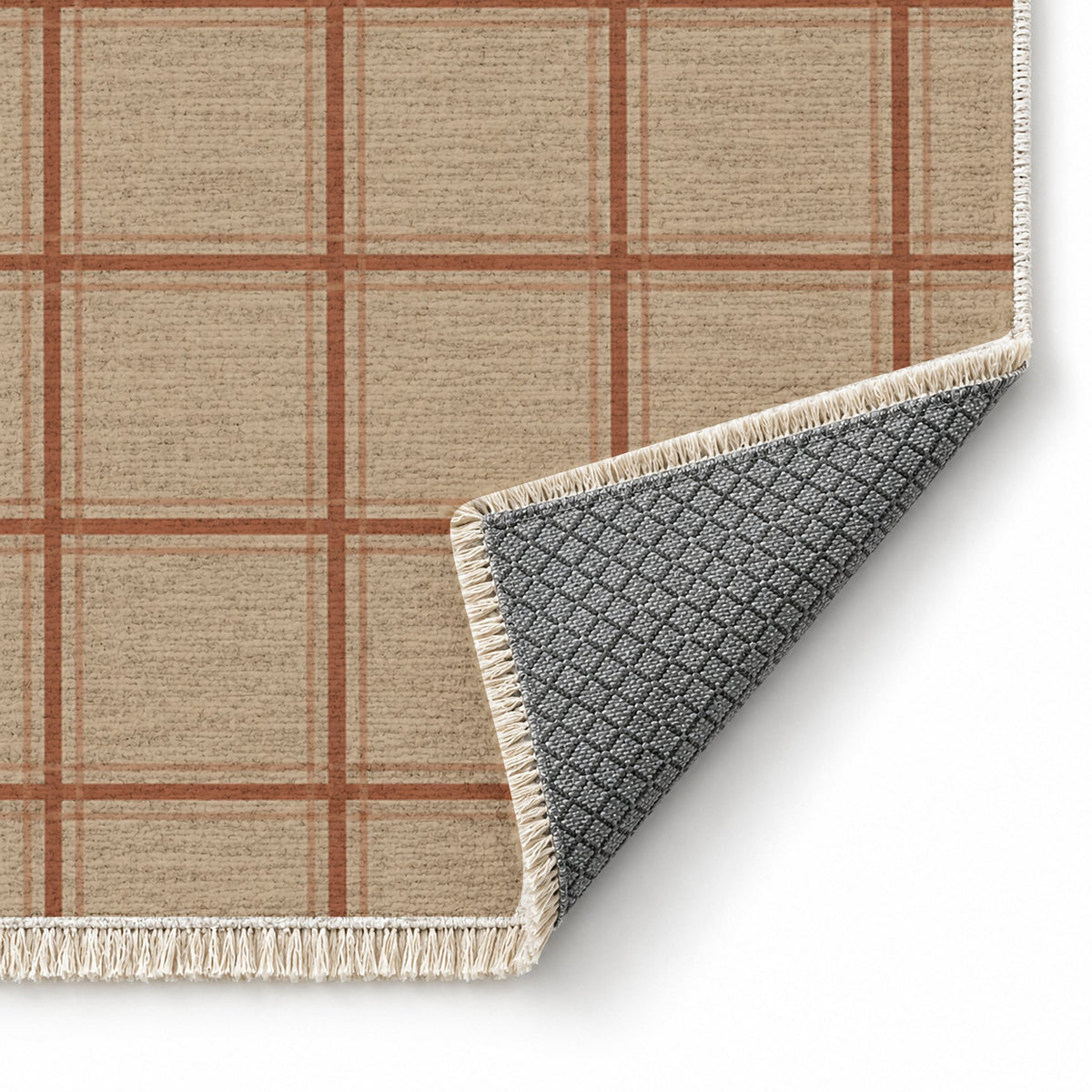 Window Check Sand & Terracotta washable rug folded corner showing the backing