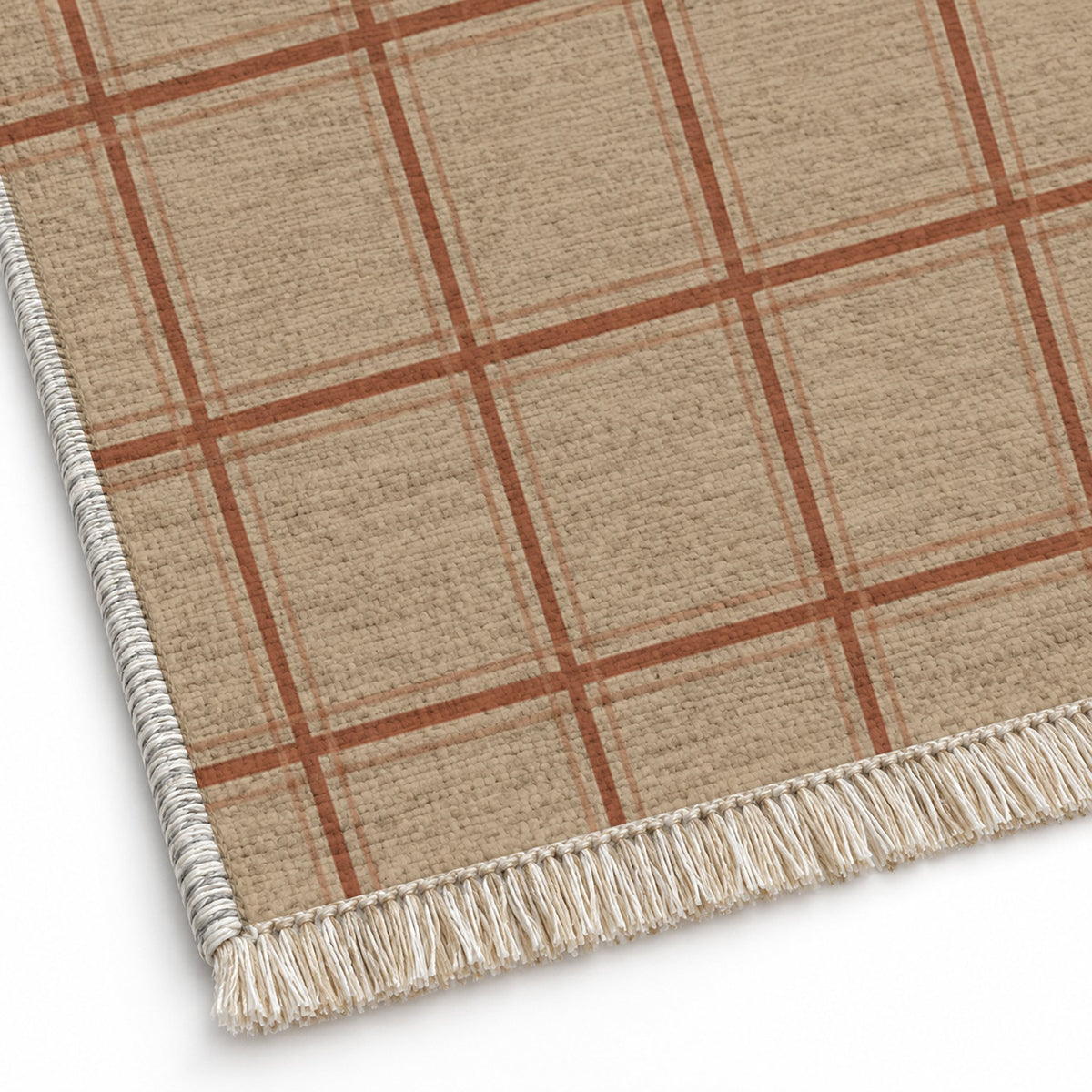 Window Check Sand & Terracotta washable rug close-up of the printed chenille