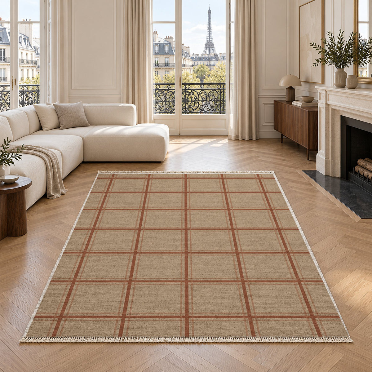 Window Check Sand & Terracotta washable rug in a living room with an Eiffel Tower view