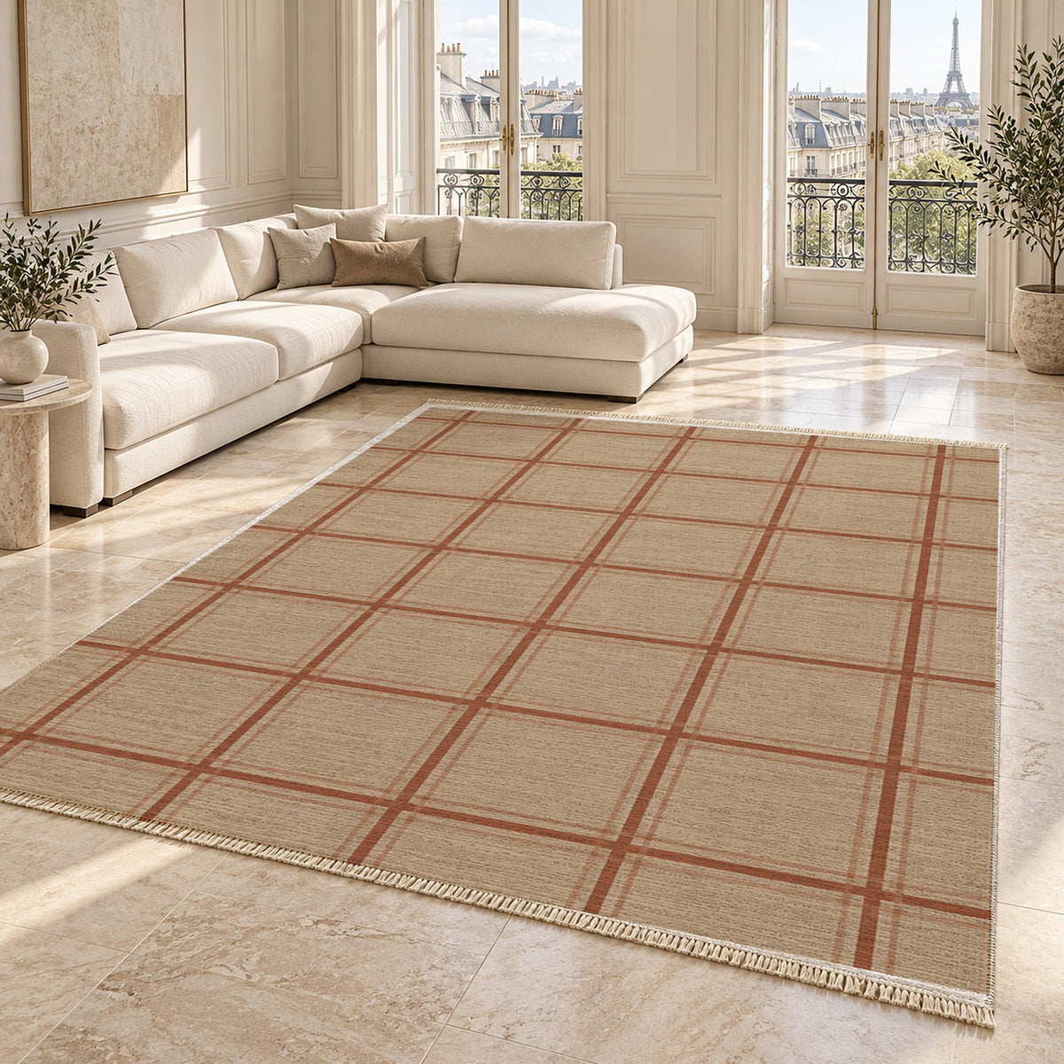 Window Check Sand & Terracotta washable rug angled room view on marble