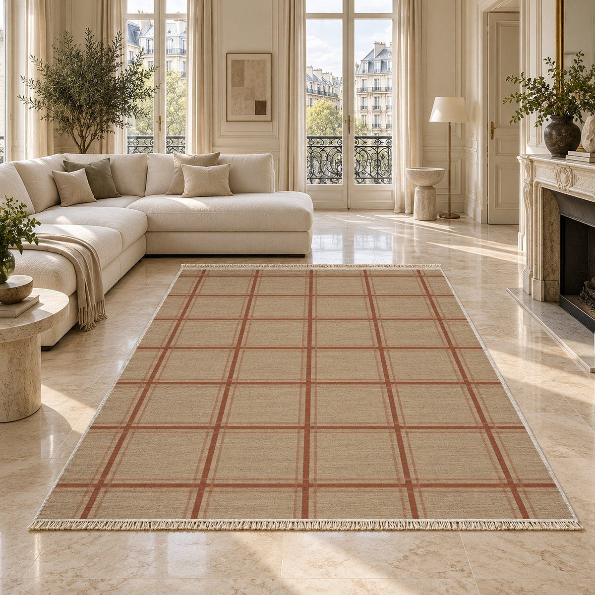 Window Check Sand & Terracotta washable rug on a marble floor