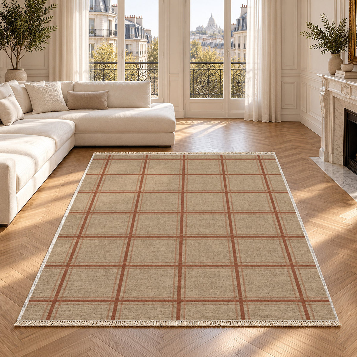Window Check Sand & Terracotta washable rug in a Paris living room