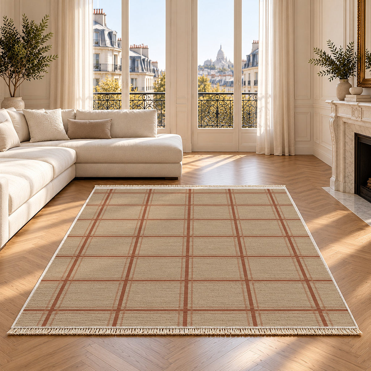 Window Check Sand & Terracotta washable rug on an oak floor