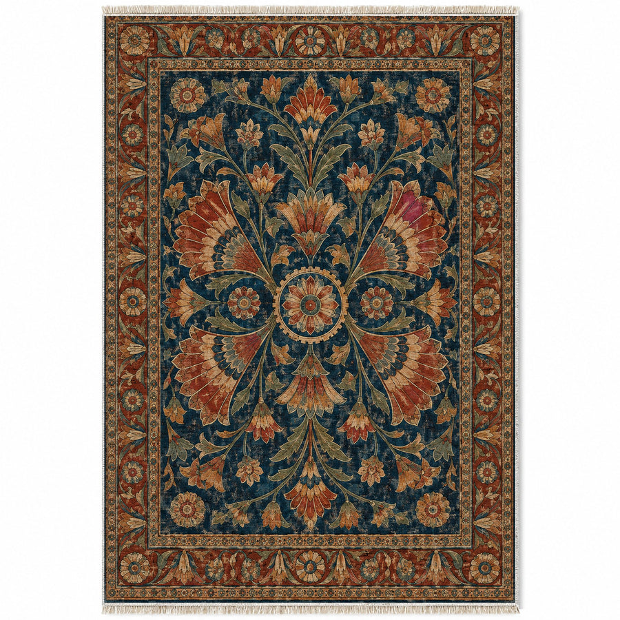 Winged Petals Indigo & Rust Persian Washable Rug