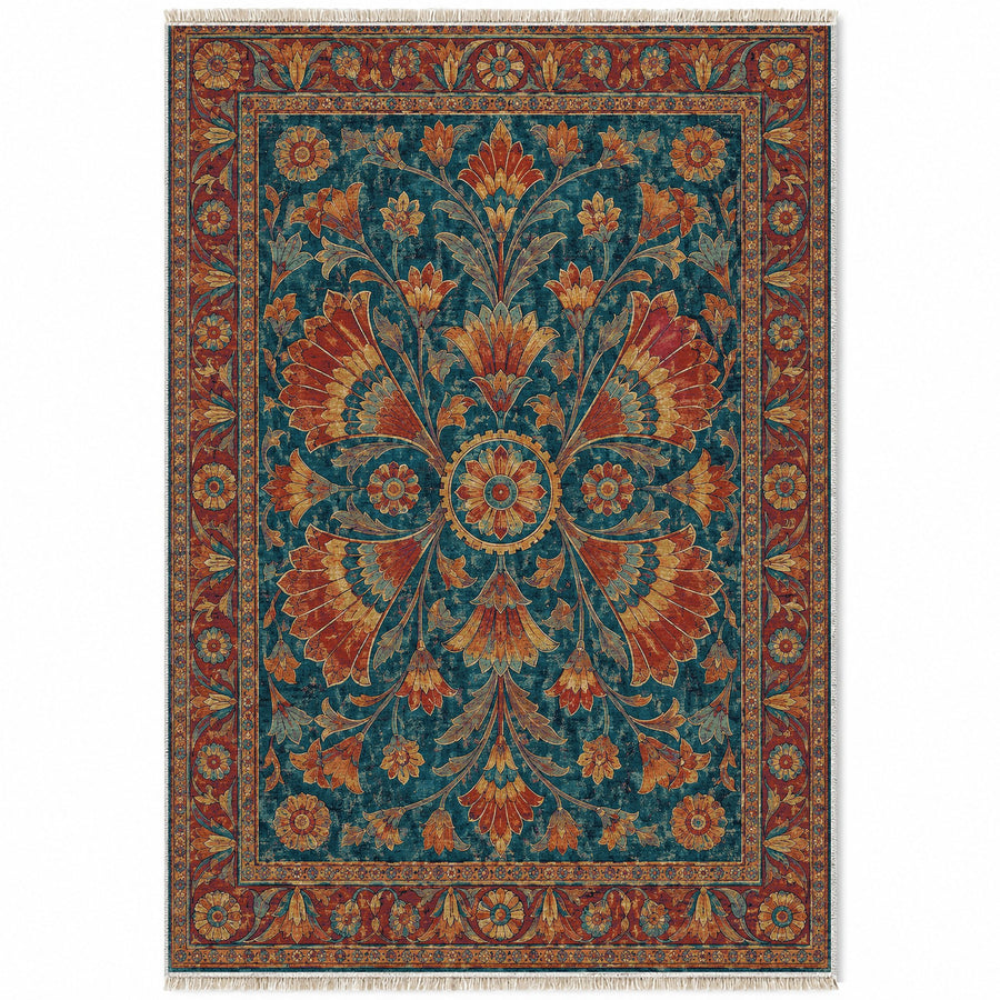 Winged Petals Peacock & Ochre Persian Washable Rug