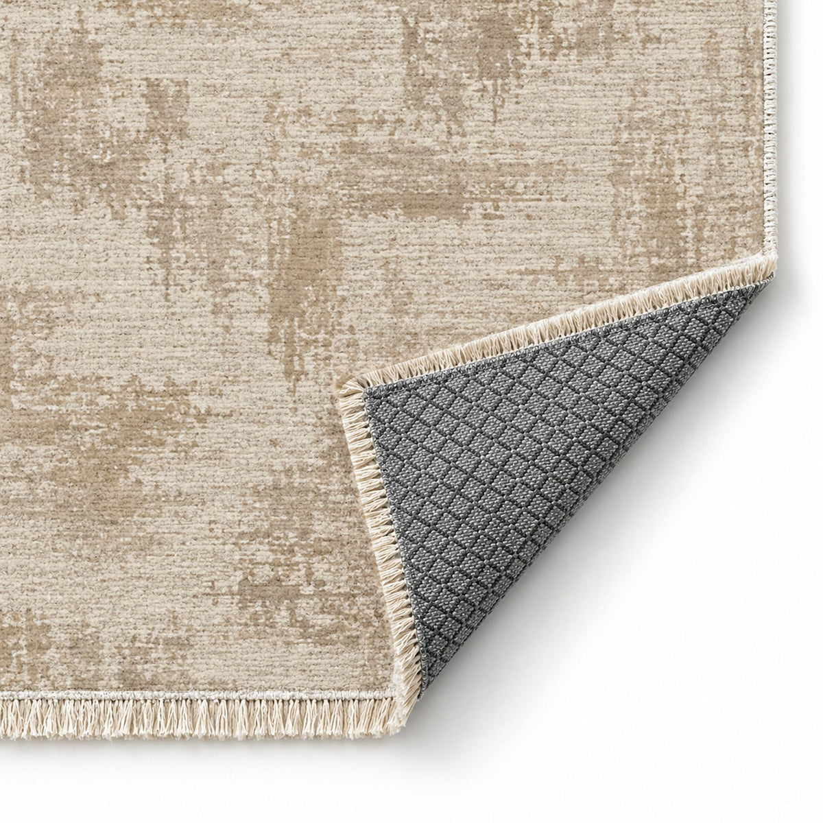 Wool Melange Look Ivory & Oat washable rug folded corner showing the backing