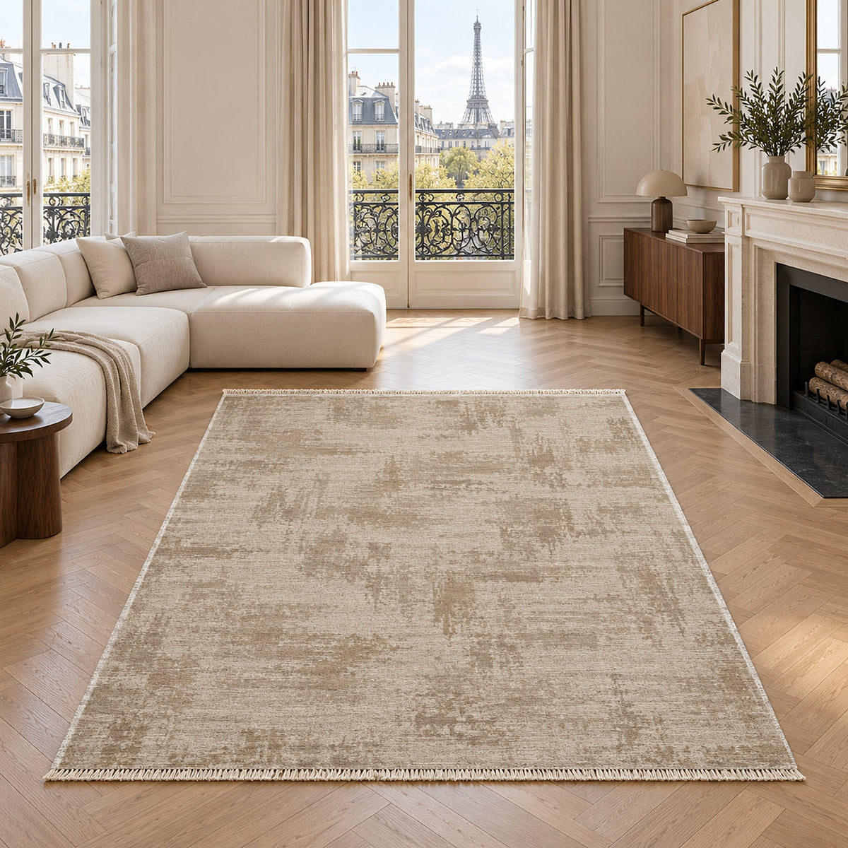 Wool Melange Look Ivory & Oat washable rug in a living room with an Eiffel Tower view