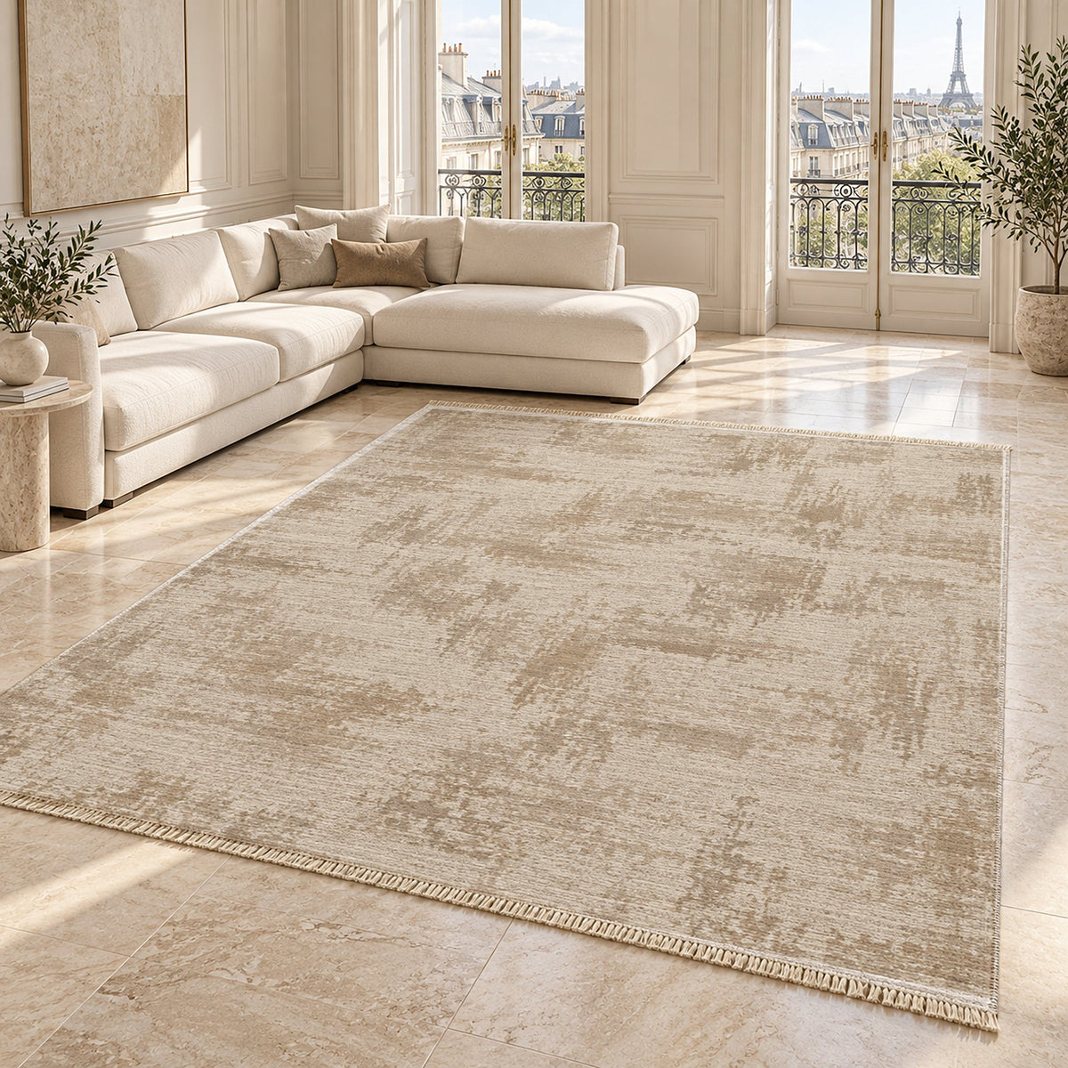 Wool Melange Look Ivory & Oat washable rug angled room view on marble