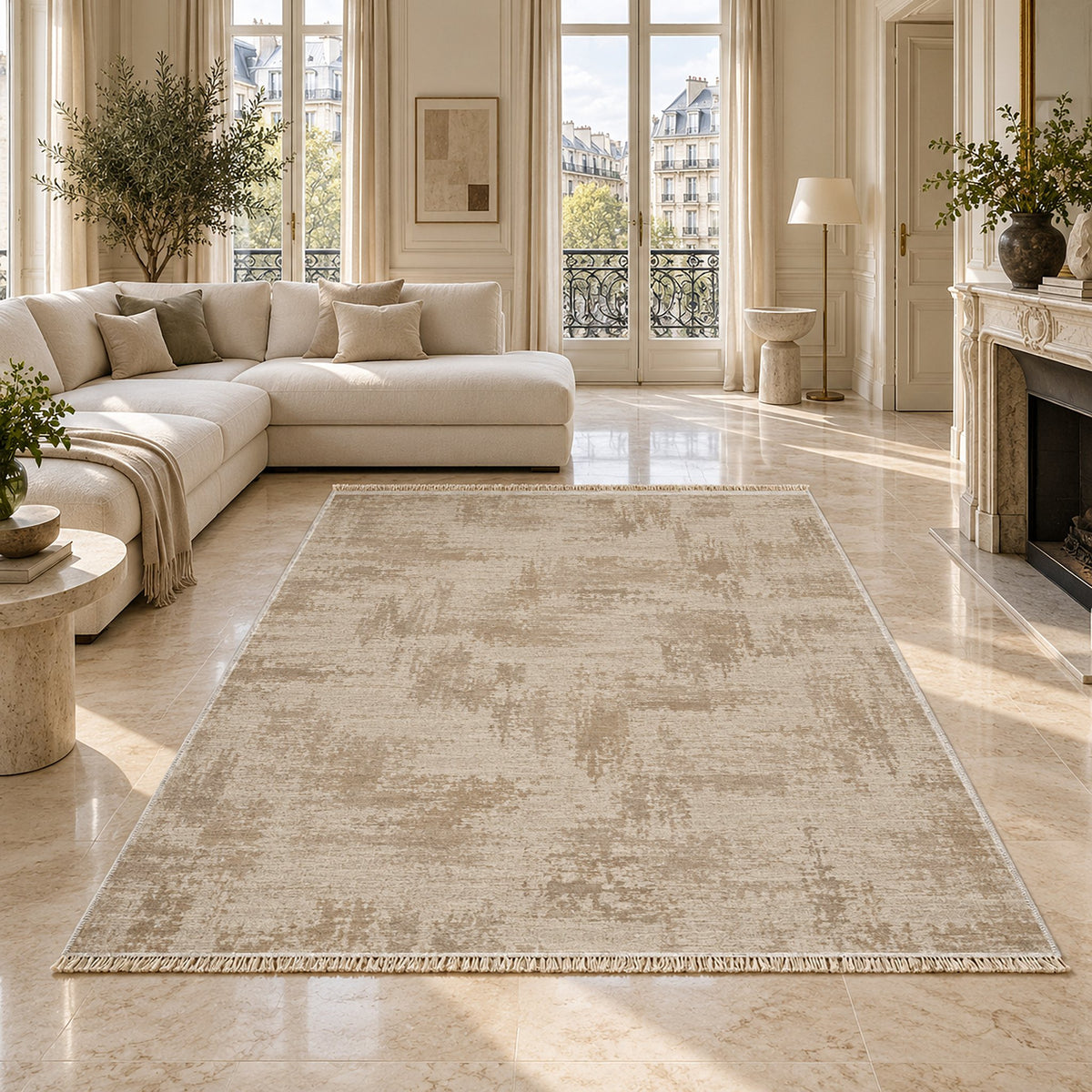 Wool Melange Look Ivory & Oat washable rug on a marble floor
