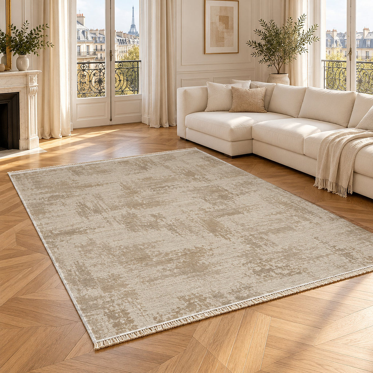 Wool Melange Look Ivory & Oat washable rug angled room view