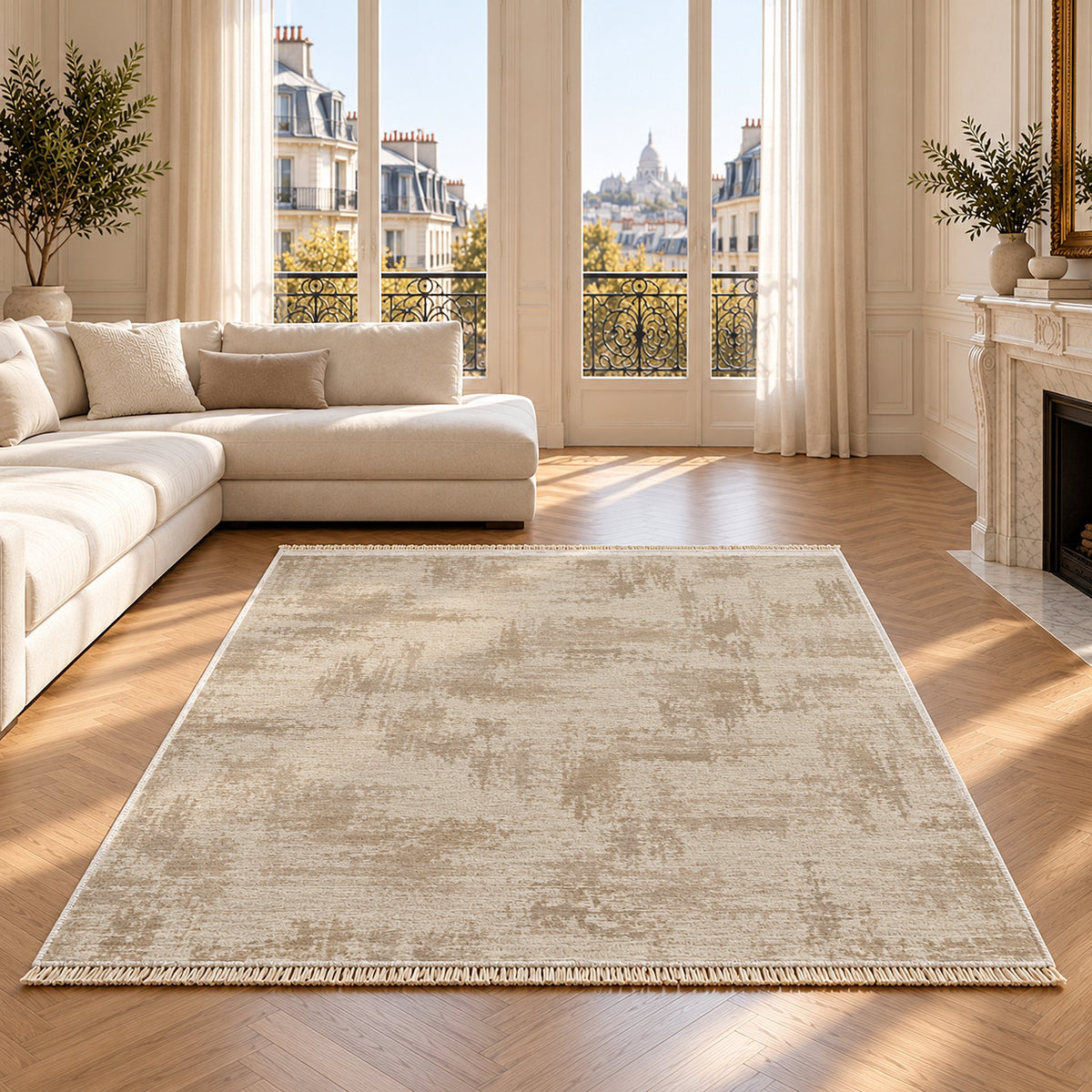 Wool Melange Look Ivory & Oat washable rug on an oak floor