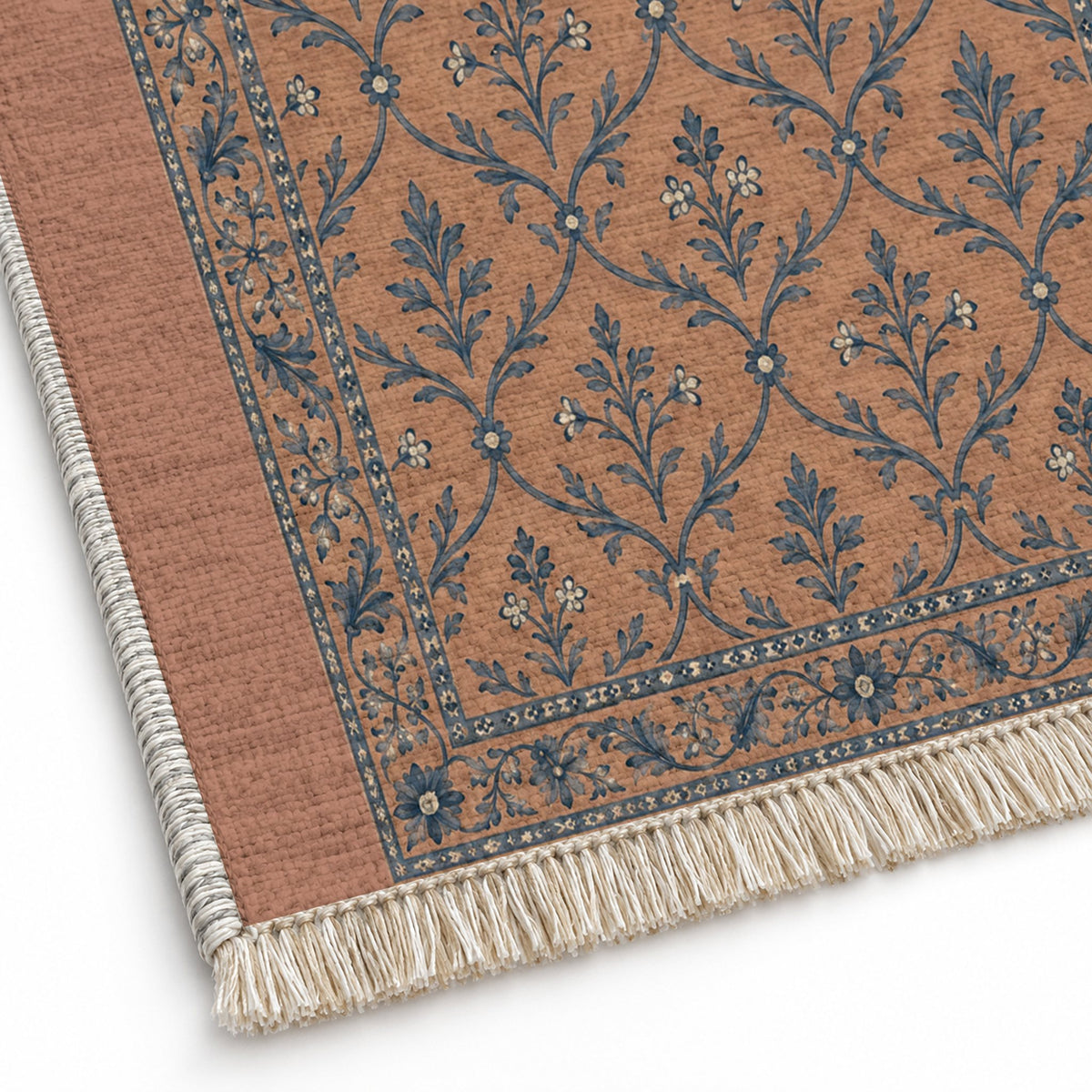 Worn Trellis Clay & Denim washable rug close-up of the printed chenille