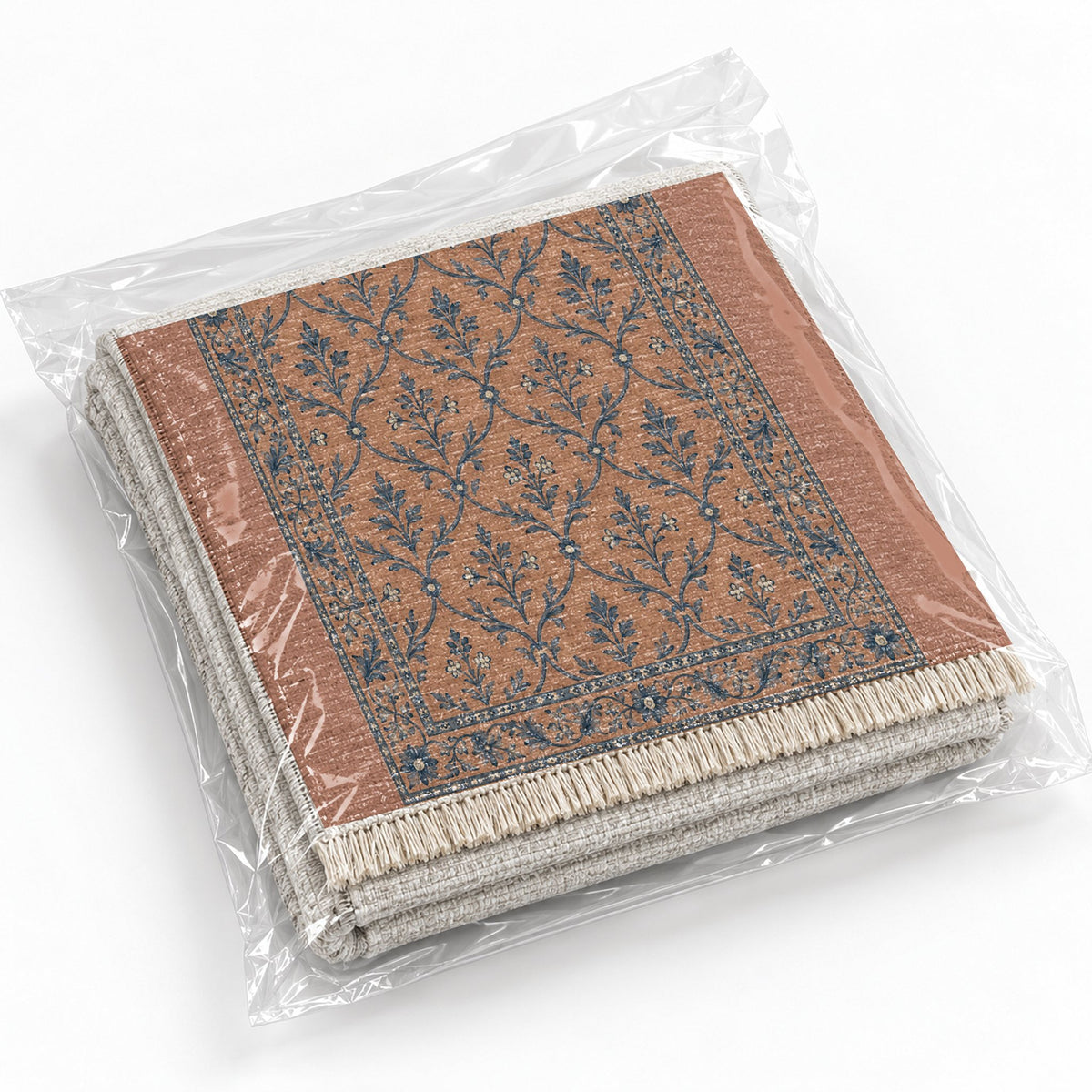 Worn Trellis Clay & Denim washable rug rolled and packaged