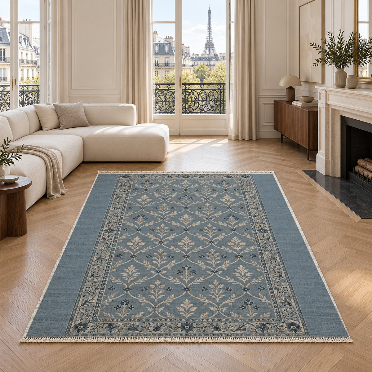Worn Trellis Dusty Blue & Ivory washable rug in a living room with an Eiffel Tower view