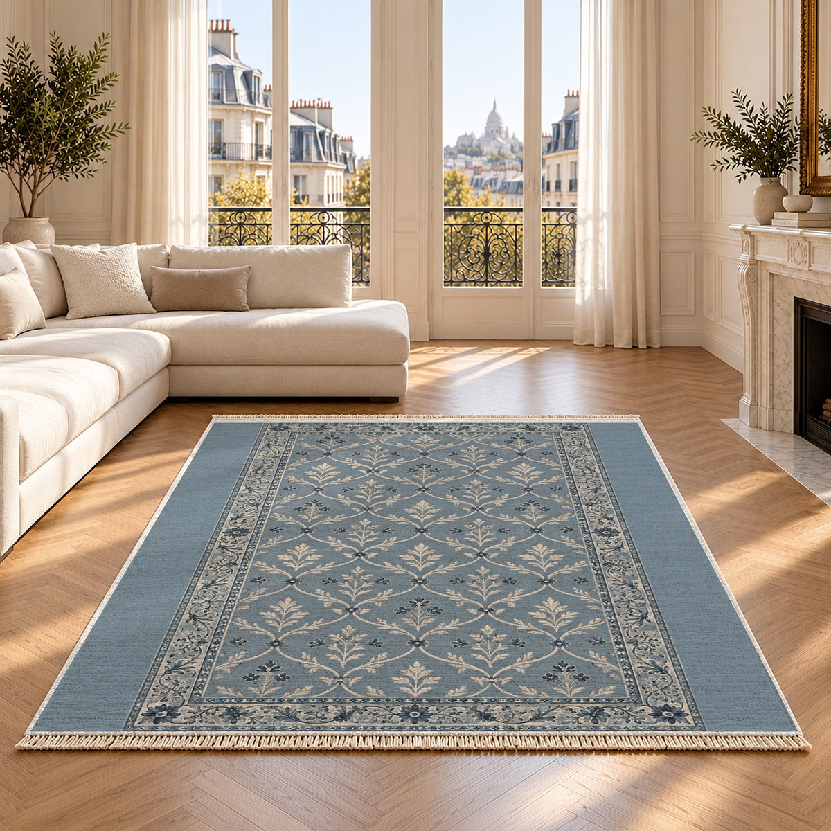 Worn Trellis Dusty Blue & Ivory washable rug on an oak floor