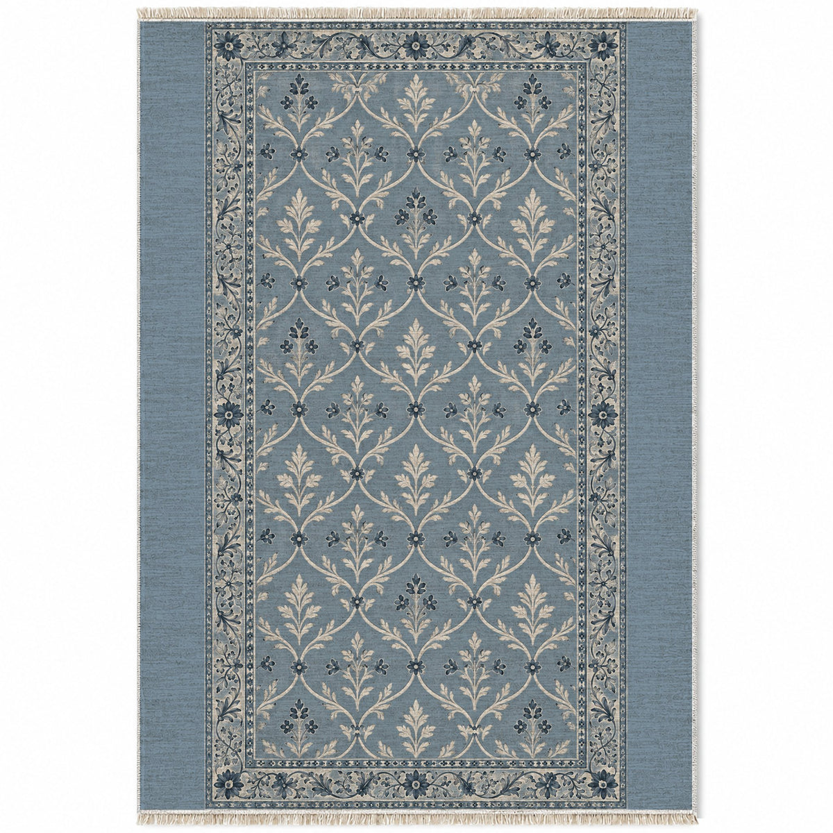 Worn Trellis Dusty Blue & Ivory washable rug top view