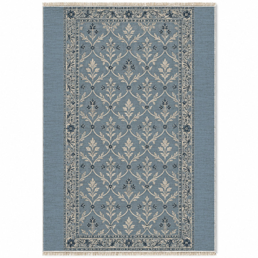 Worn Trellis Dusty Blue & Ivory Vintage Washable Rug