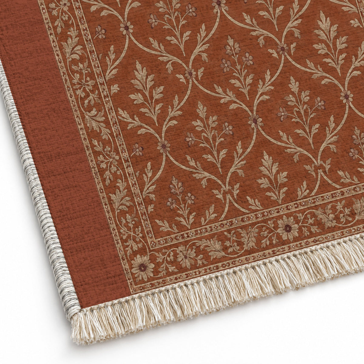 Worn Trellis Rust & Sand washable rug close-up of the printed chenille
