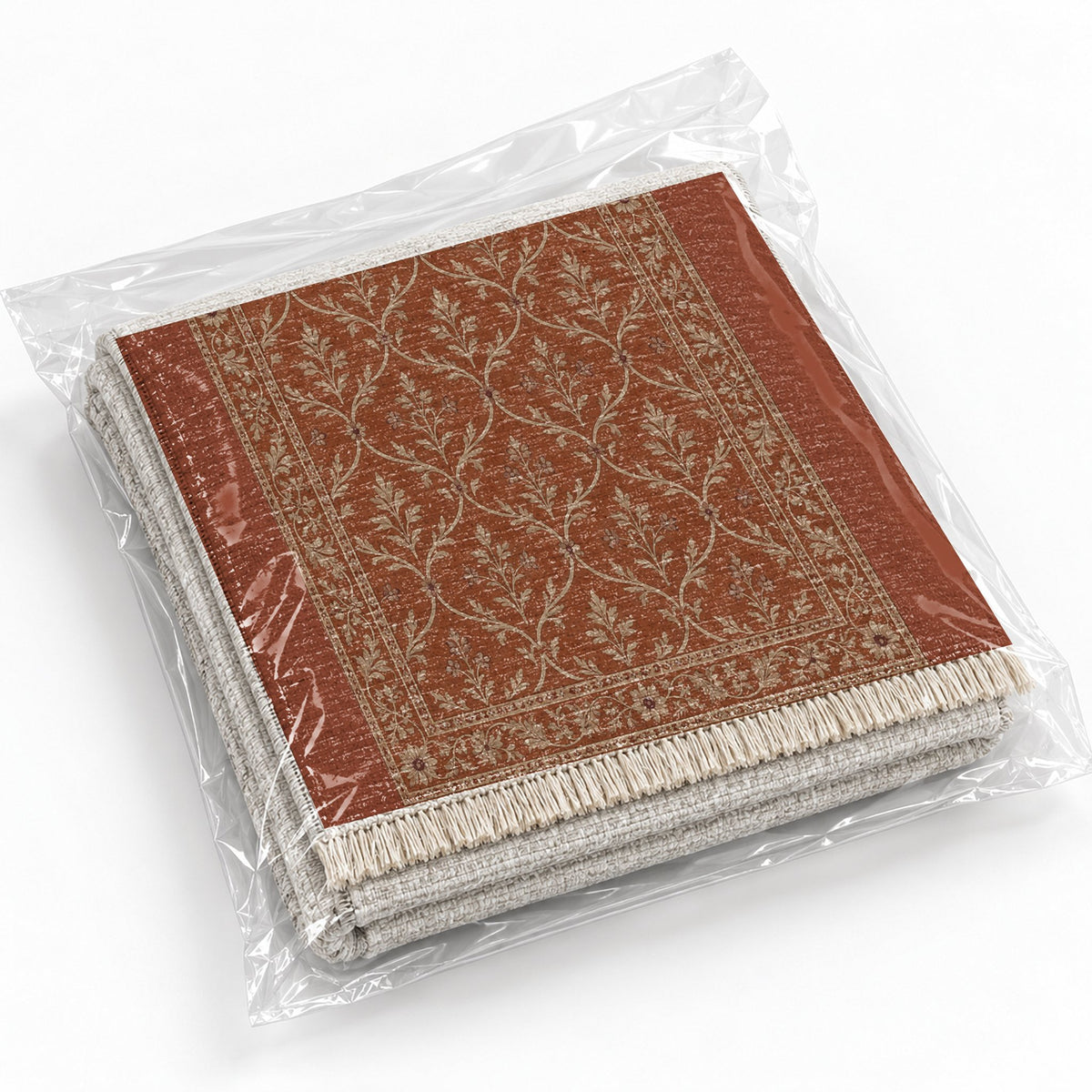Worn Trellis Rust & Sand washable rug rolled and packaged