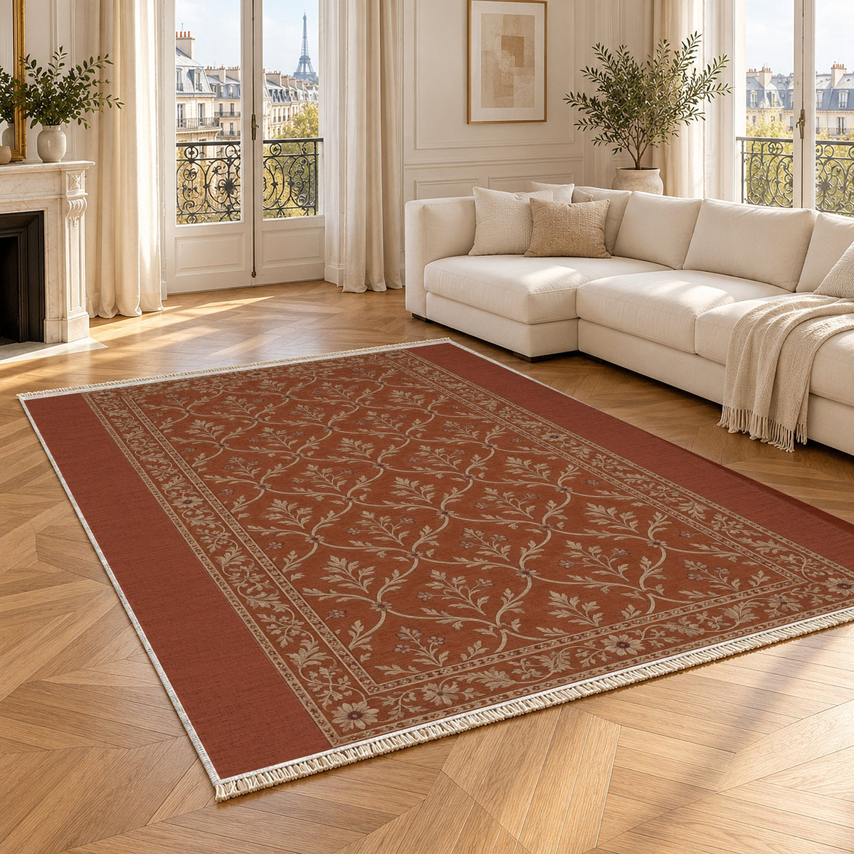 Worn Trellis Rust & Sand washable rug angled room view
