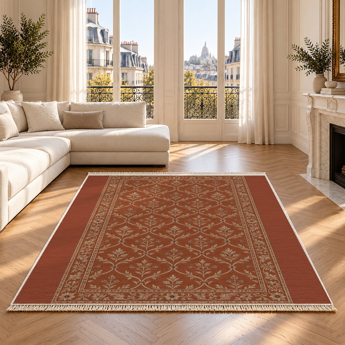 Worn Trellis Rust & Sand washable rug on an oak floor