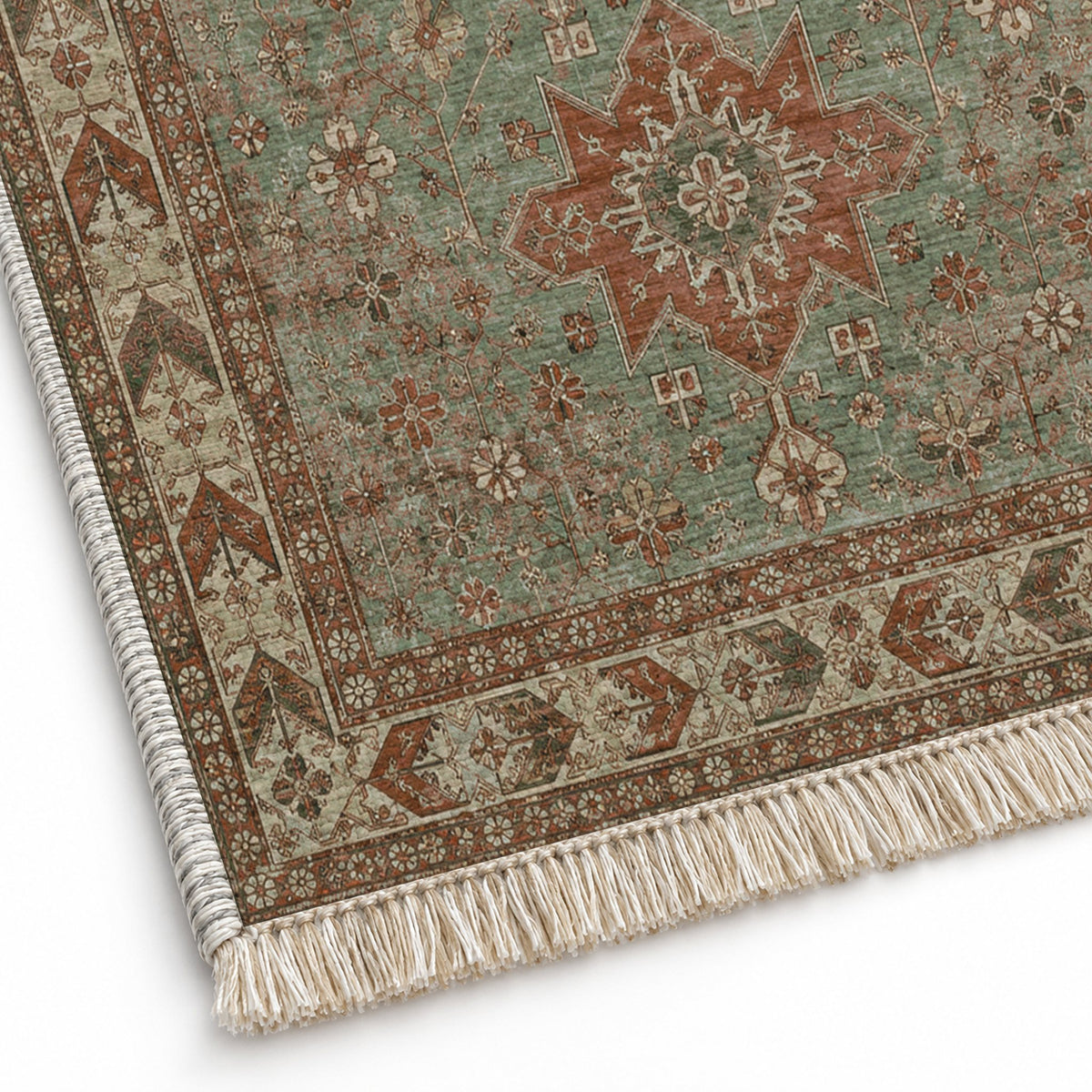 Yagcibedir Stars Clay & Sage washable rug close-up of the printed chenille