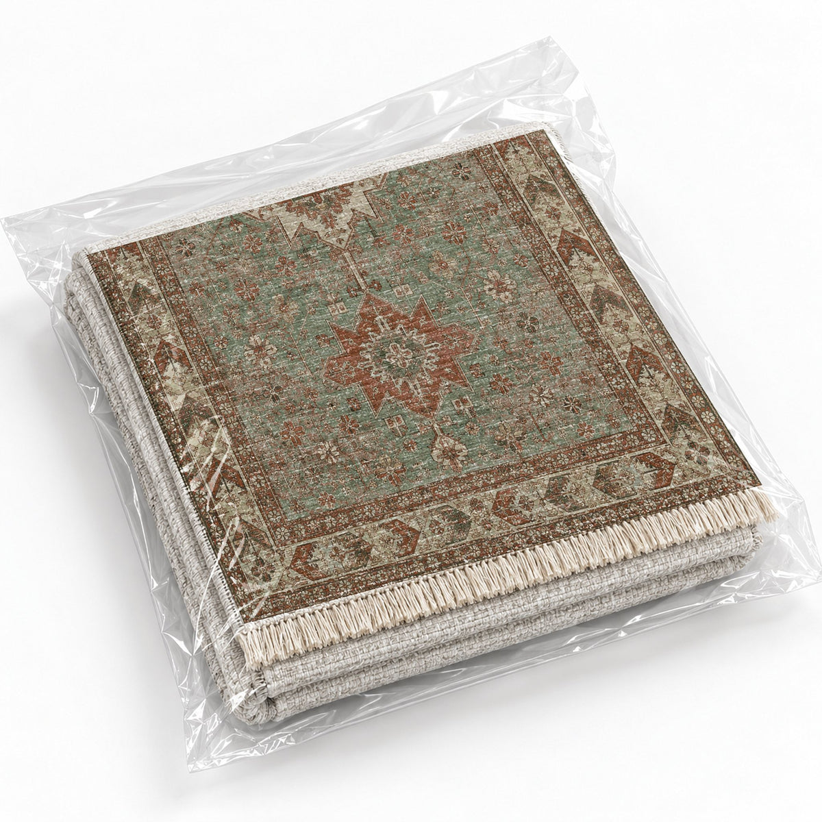 Yagcibedir Stars Clay & Sage washable rug rolled and packaged