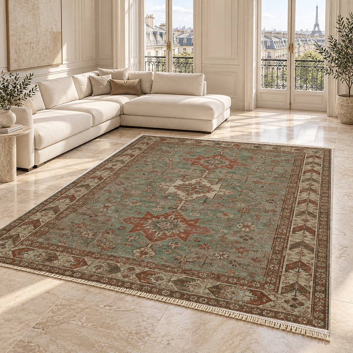Yagcibedir Stars Clay & Sage washable rug angled room view on marble