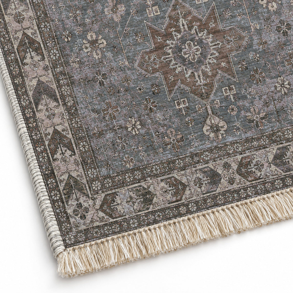 Yagcibedir Stars Graphite & Linen washable rug close-up of the printed chenille