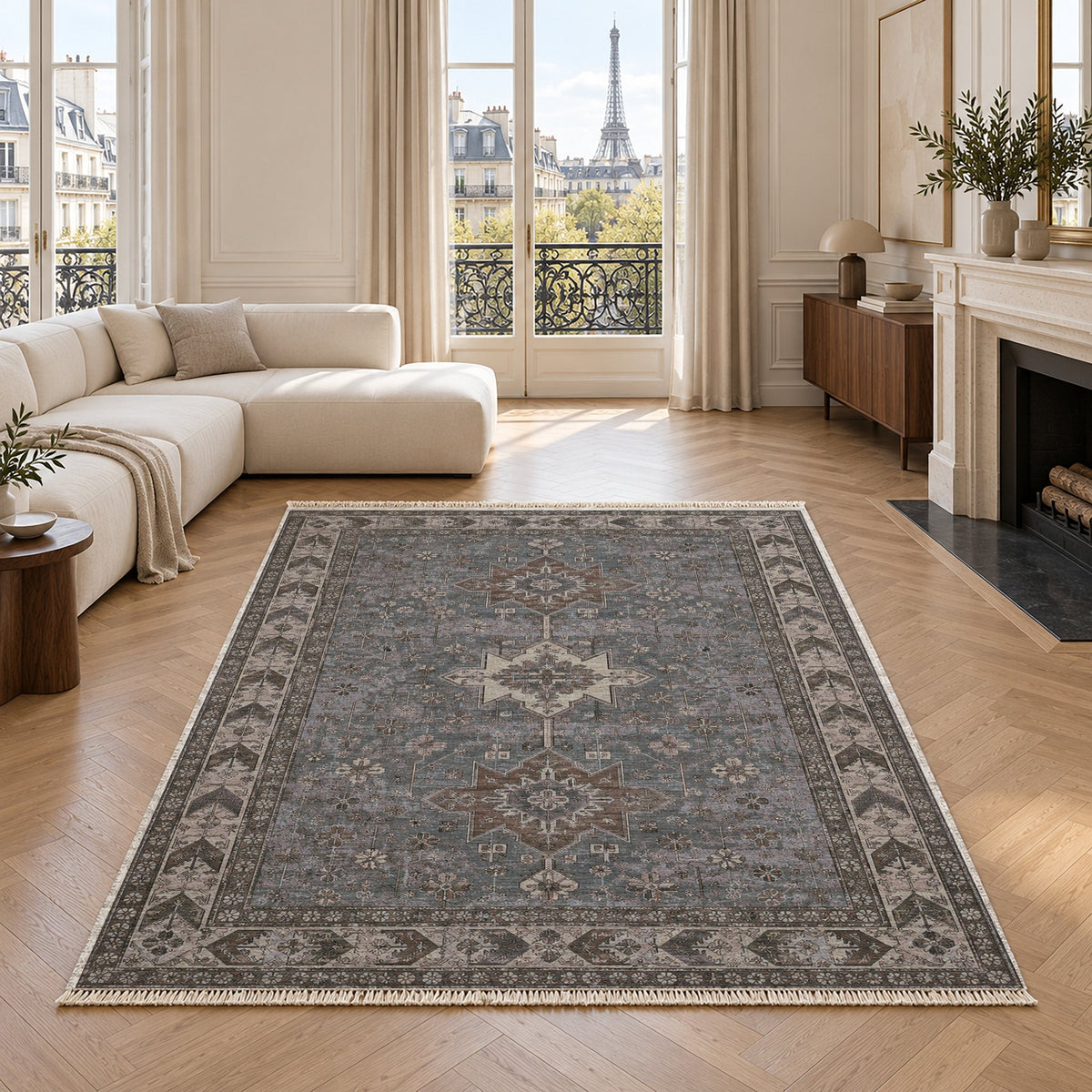 Yagcibedir Stars Graphite & Linen washable rug in a living room with an Eiffel Tower view