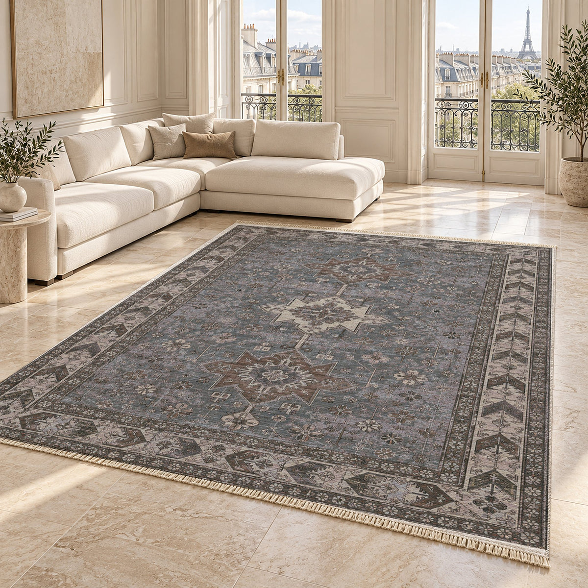 Yagcibedir Stars Graphite & Linen washable rug angled room view on marble